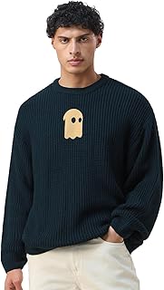 The Souled Store Ocean Haze Men and Boys Long Sleeves Round Neck Blue Embroidered Patch Acrylic Oversized Pullovers