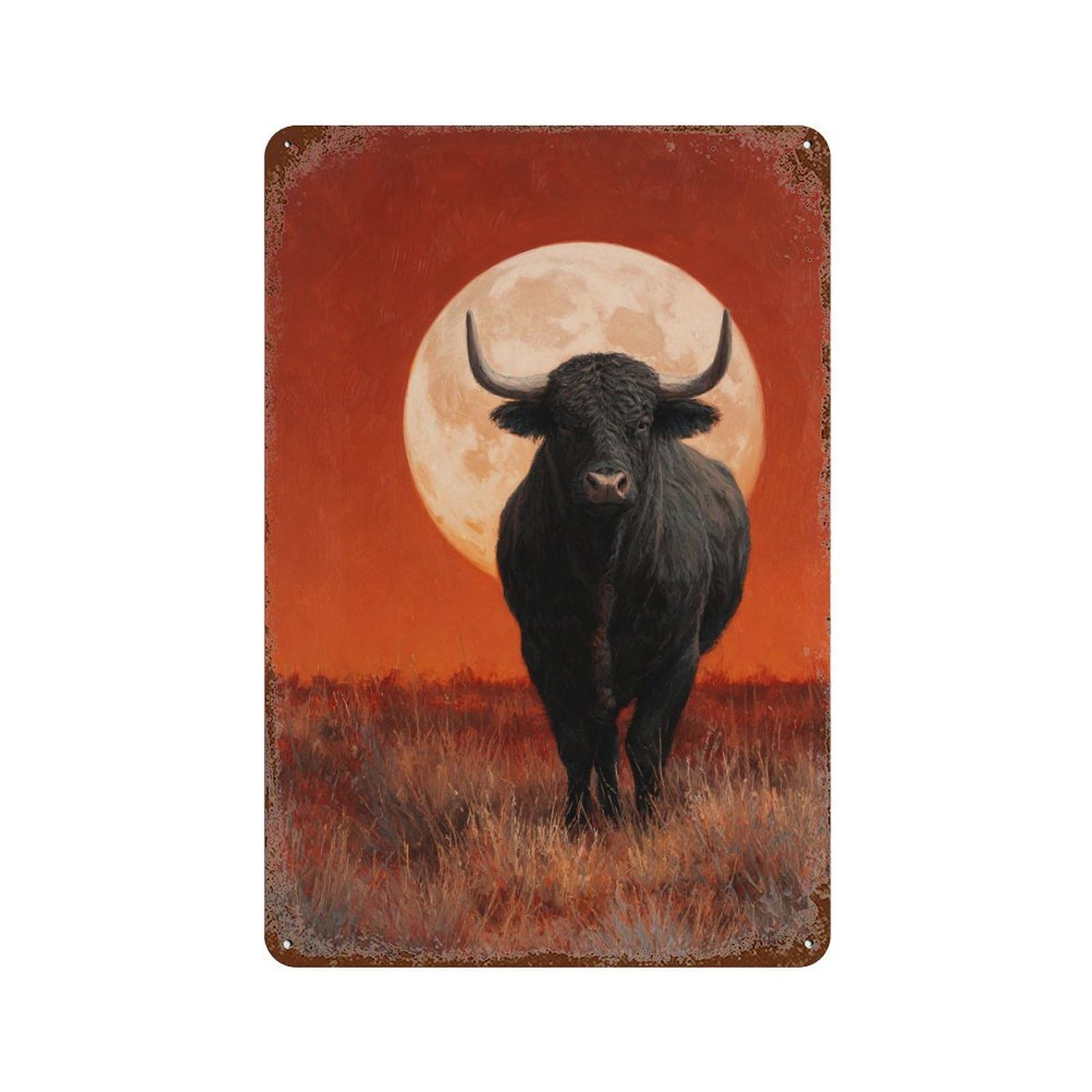 Rust Effect Black Bull Under Full Moon Rusty Metal Tin Sign 11.8"x7.9", Shabby Chic Decor for Garage, Bar And Workshop Decor