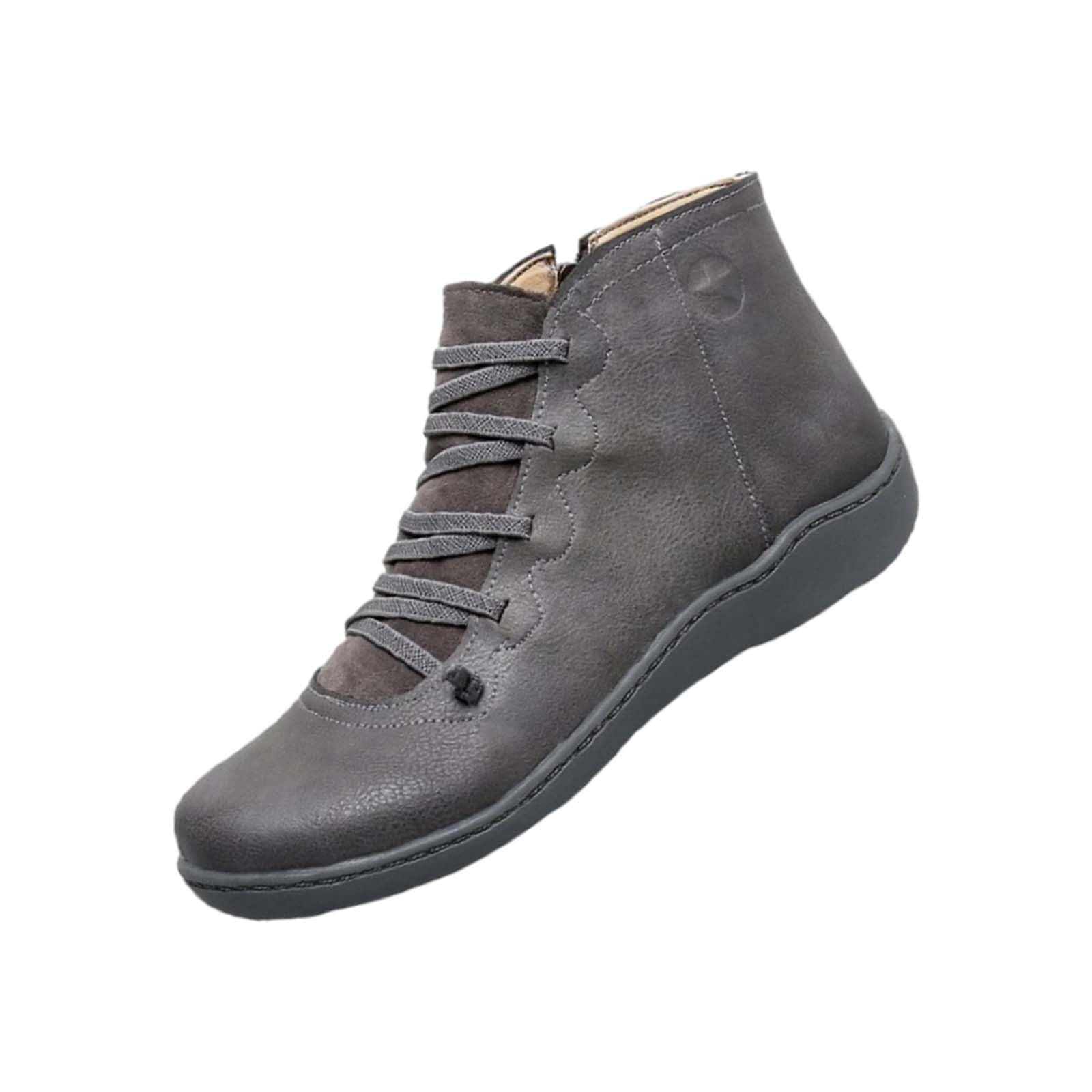 Womens Vintage Casual Short Ankle Boots Fall Boots 2025 Arch Support Fashion No Heel Lace Up Side Zipper