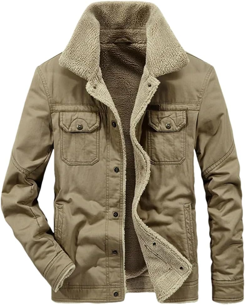 REHJJDFD Men Fleece Jackets Male Cotton Casual Solid Cargo Thick Warm Coats Mens Jacket Workwear
