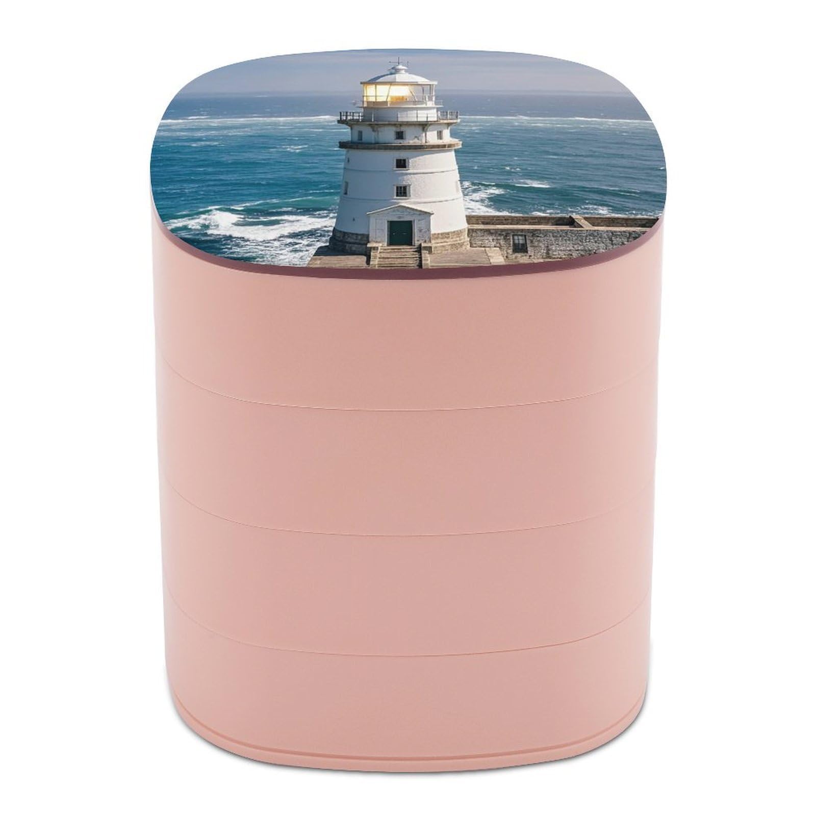 VstaDank Lighthouse Sandbeach Jewelry Box 360° Rotatable Jewelry Organizer 4 Layers Jewelry Case with Lid Fashion Portable Earring Holder for Bracelets Rings Bracelets Vanity