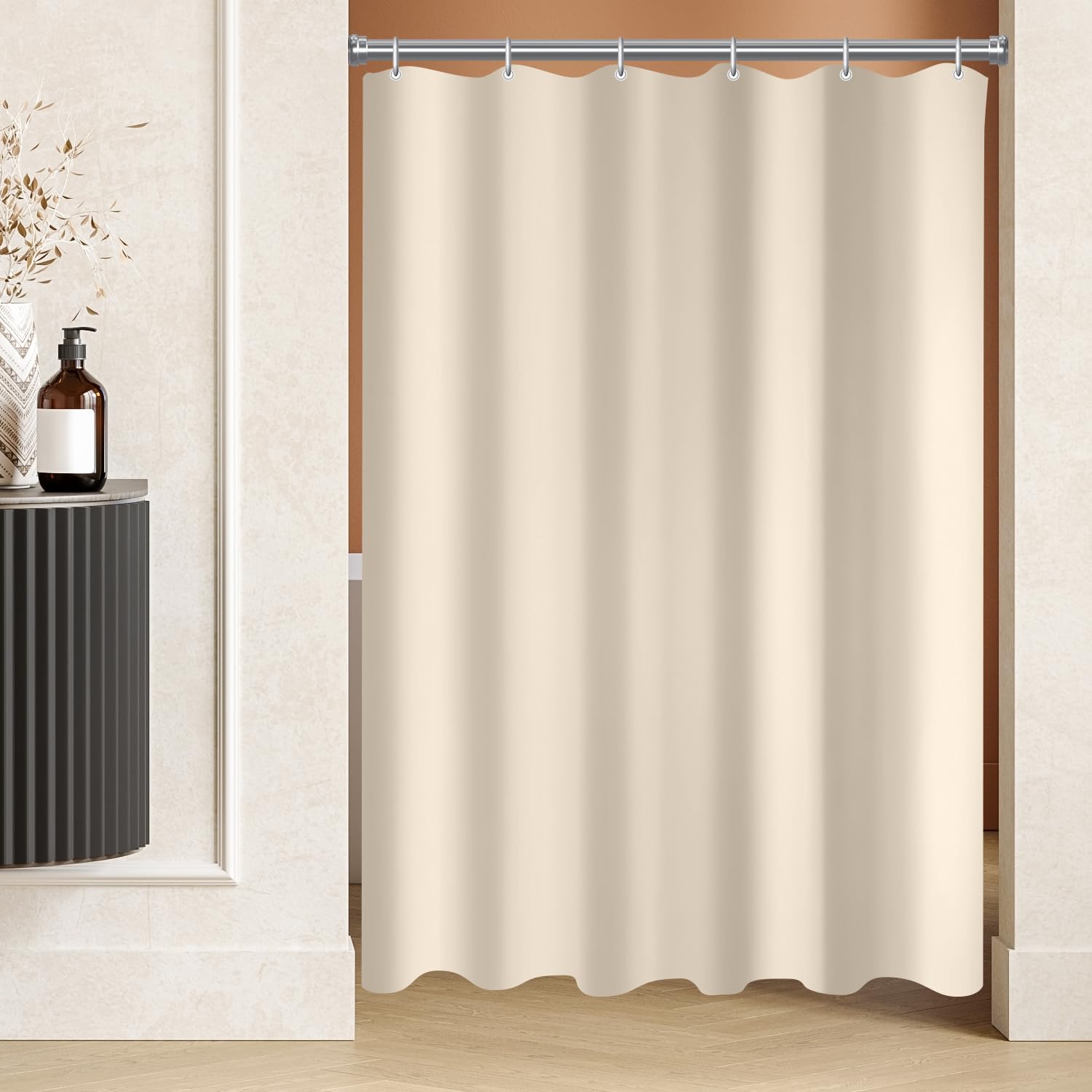 Lerores Shower Curtain, 80 x 200 cm, Beige, Weighted Hem, Anti-Mould Textile, Water-Repellent, Washable Polyester Fabric Bath Curtains for Bathroom, Bath with 6 Shower Curtain Rings — image 1