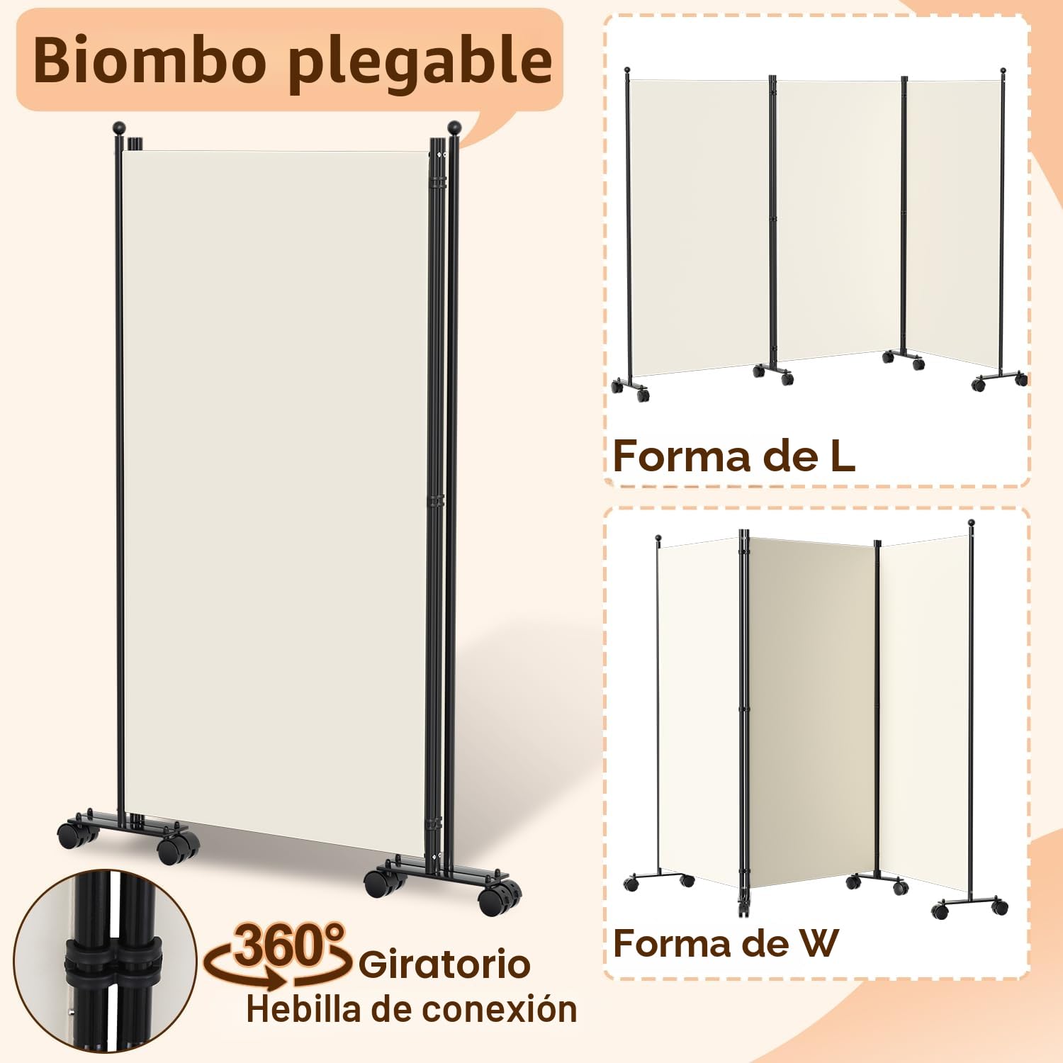 Ikodm Biombo para exterior con ruedas, 3 piezas, 263 x 181 cm, resistente a la intemperie, para exterior y oficina, color beige