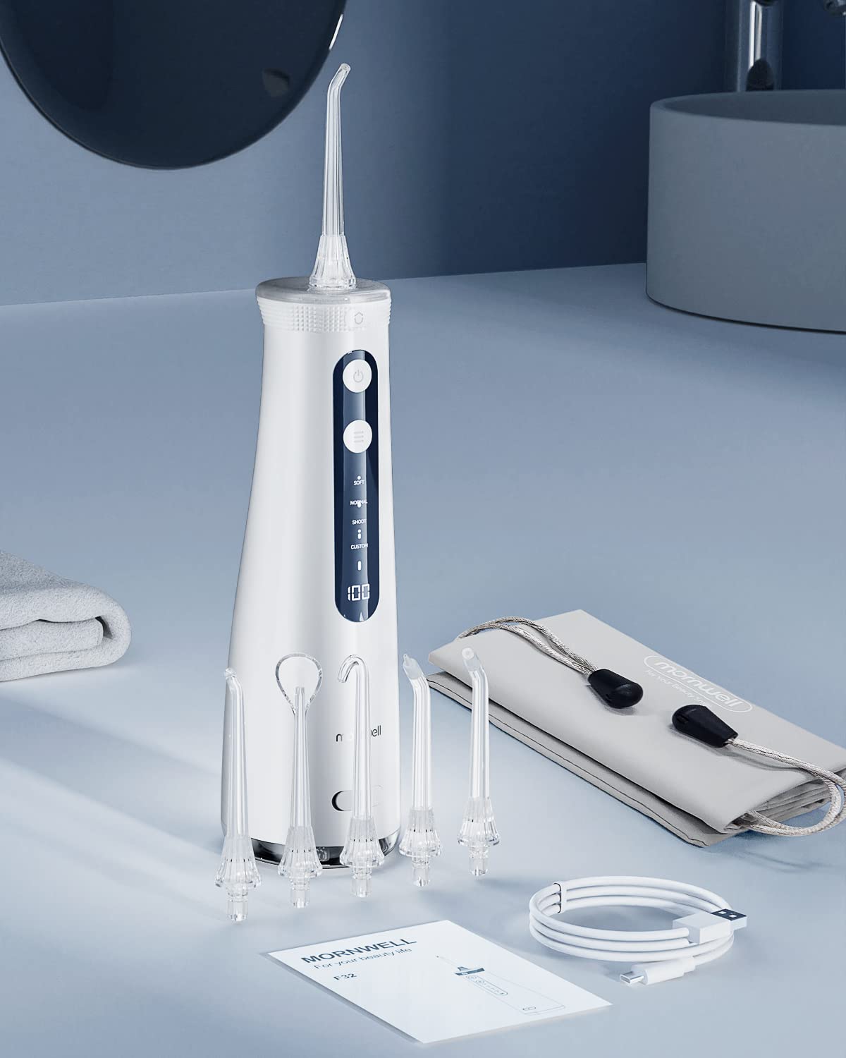 Mornwell Hydropulseur jet Dentaire, 270ml Irrigateur Oral Sans Fil Professionnel, 6 Buses, 4 Modes d’impulsion, USB Chargé pour 150 Jours D'utilisation, IPX7