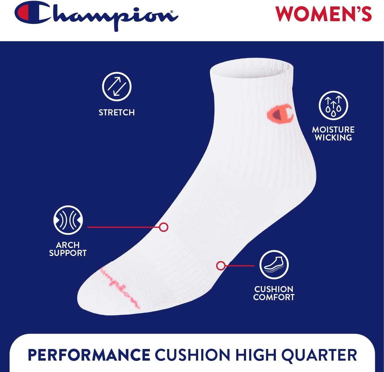 Champion Women's Quarter Socks – 6-pack Cushioned Athletic Socks With Moisture-wicking, Arch Support - Image 4