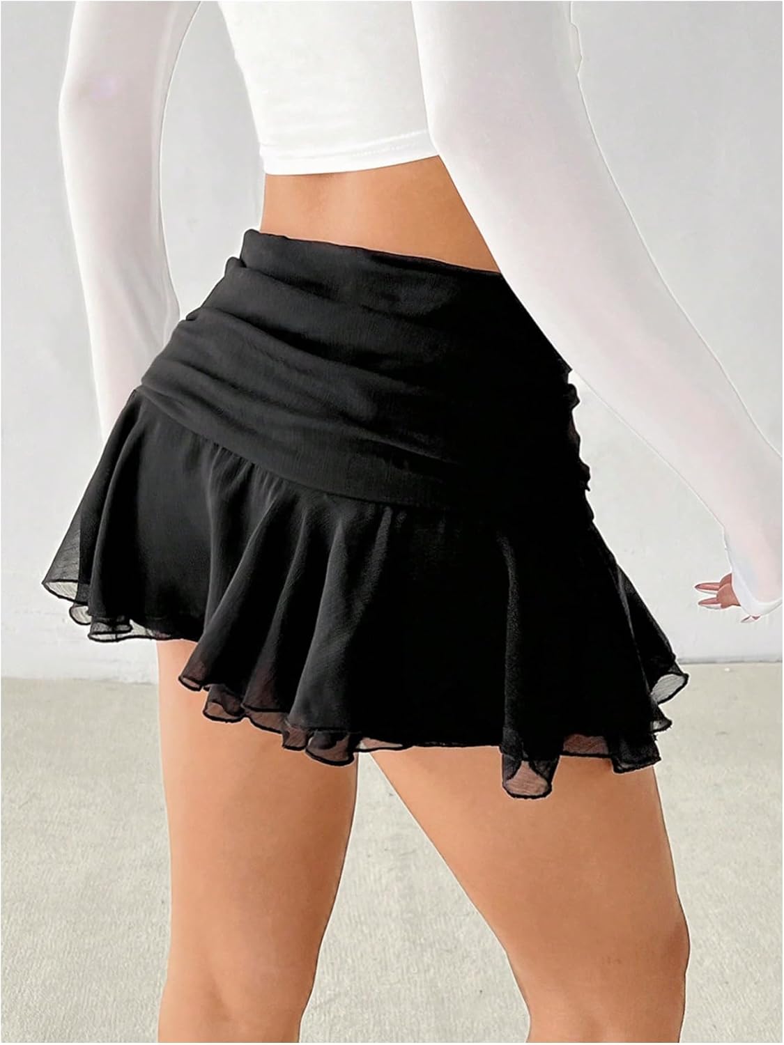 SHENHE Women's Ruffle Mini Skirt Y2K Low Rise Ruched Tiered Layer Chiffon Micro Mini Skirts - Image 2