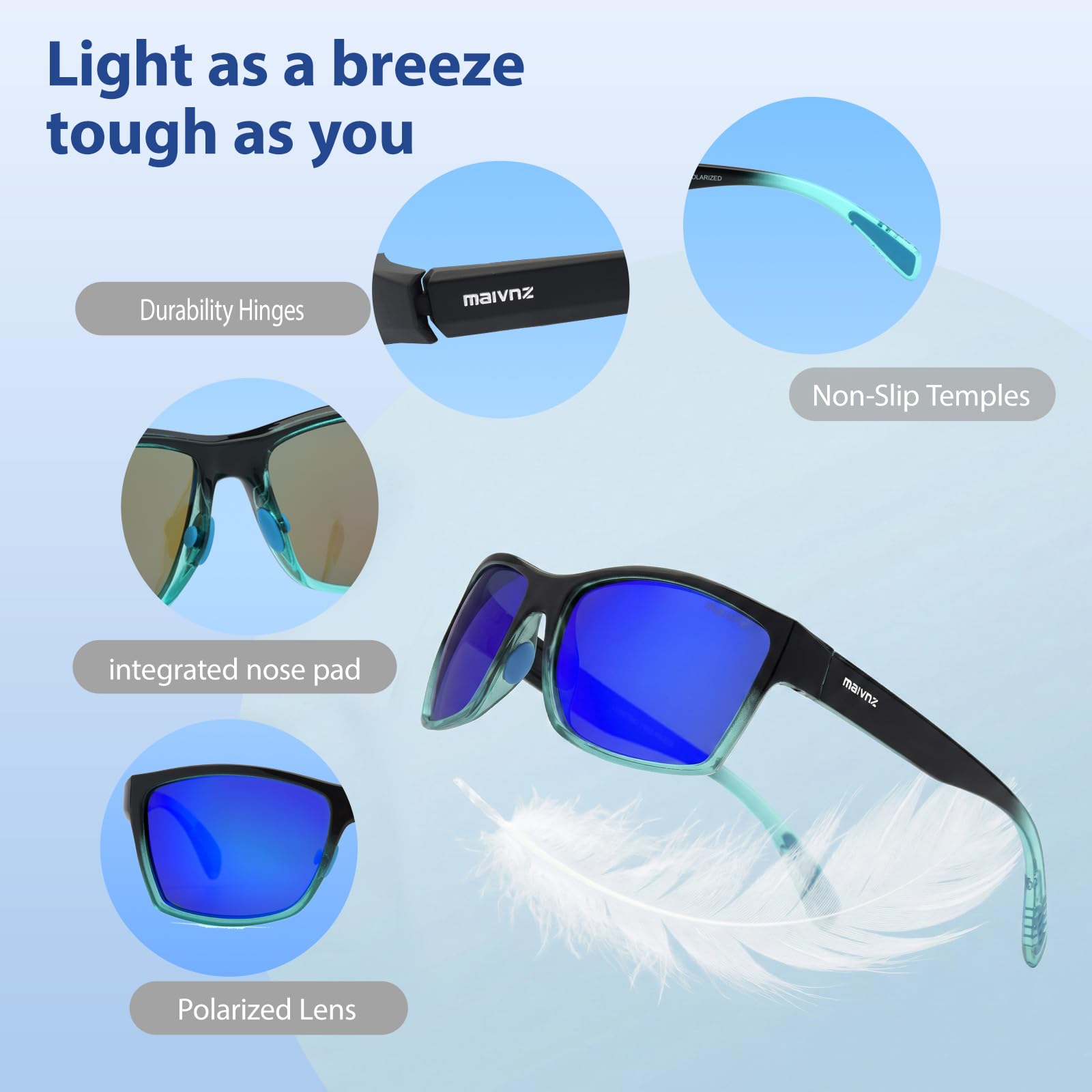 maivnz Occhiali da sole galleggianti polarizzati da pesca per uomo e donna, inaffondabili, UV400, occhiali sportivi per kayak, canottaggio e surf, Montatura Casual Gradiente Lenti Revo Blu