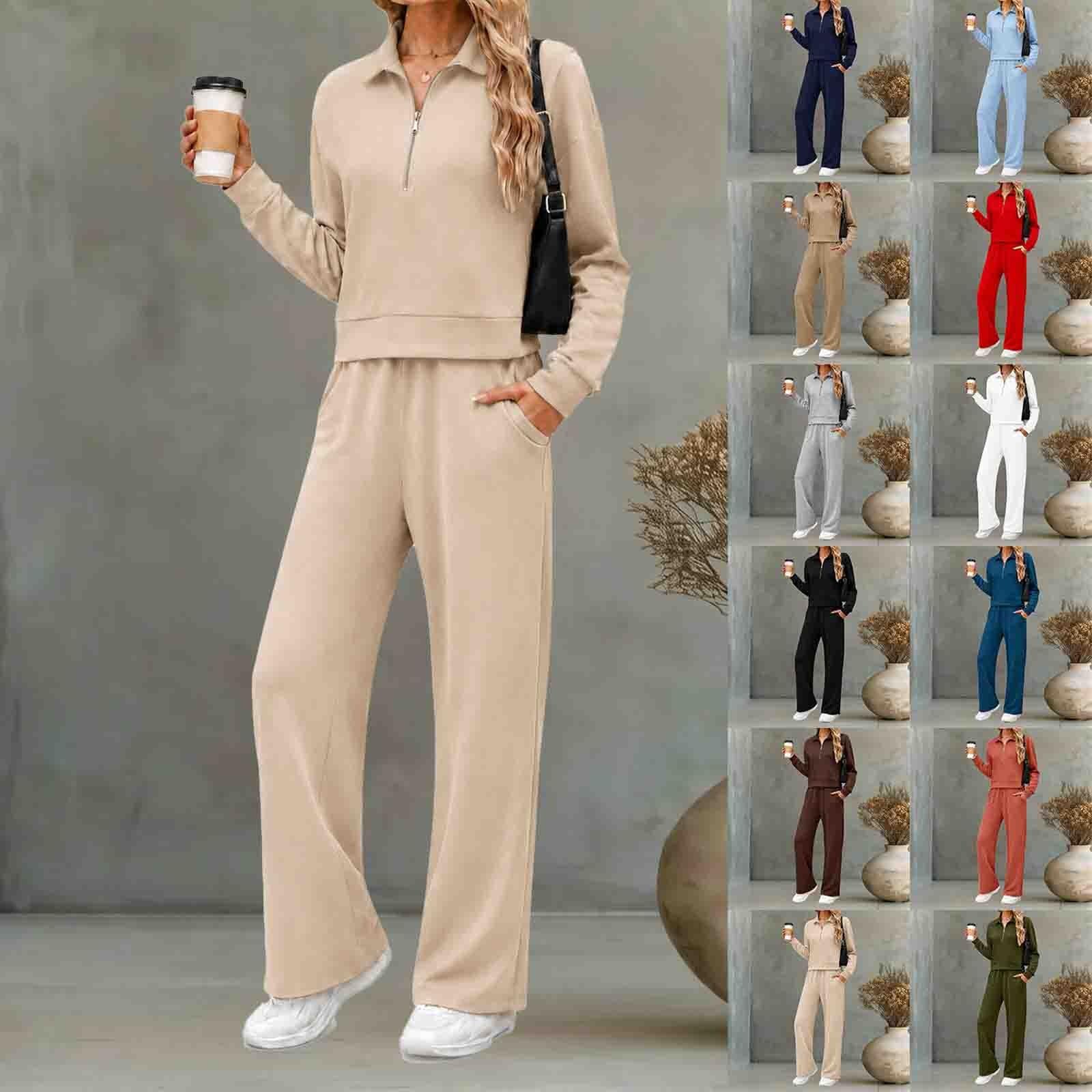 Generisch Tuta da donna elegante in due pezzi, a 2 pezzi, a maniche lunghe, con gamba larga, vestibilità morbida, leggera, comoda tuta sportiva, tinta unita