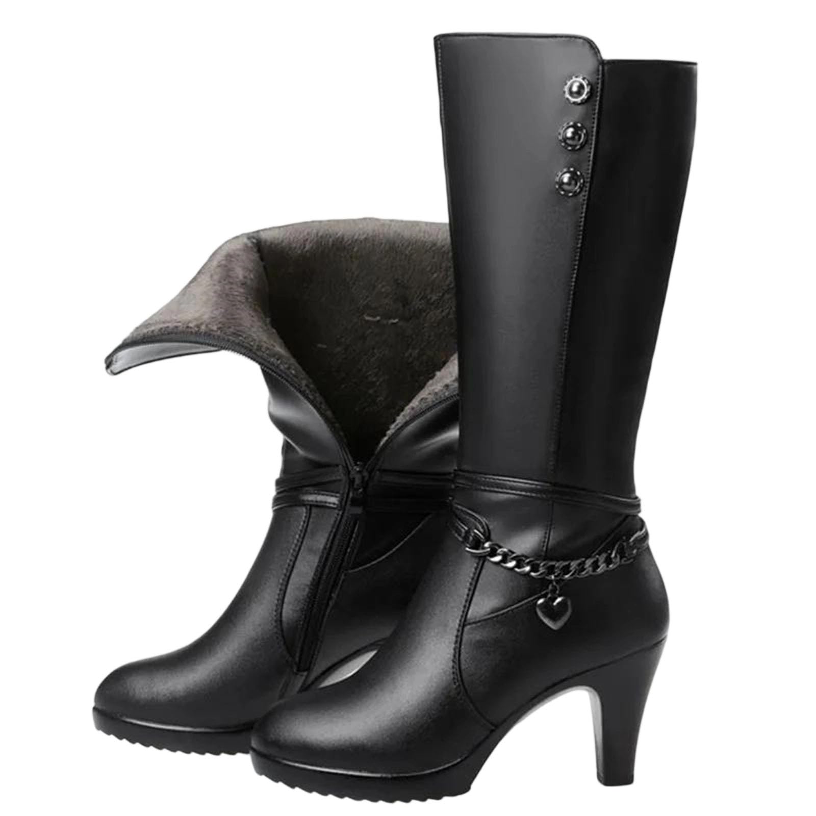 Women Winter Boots High-Heeled Genuine Leather Motorcycle Thick Wool Warm Riding Footwear Shoes Female
