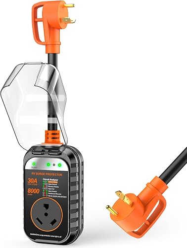 GEARGO Protector contra sobretensiones RV de 30 amperios, analizador de circuito RV con protección completa con probado UL (8000 julios), enchufe