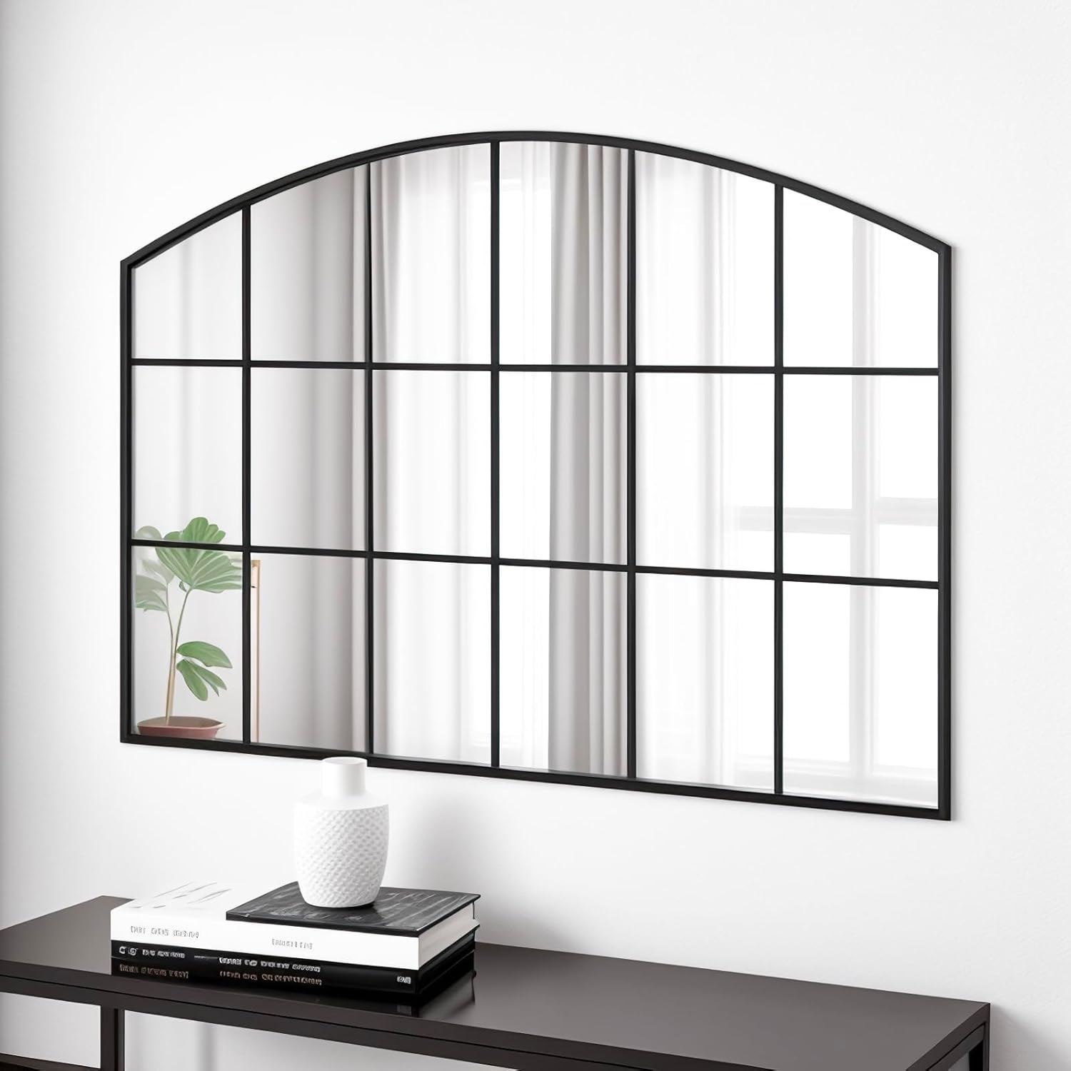 Window Pane Mirror,Black Wide Arch Mirror,42x28 inch Grid Wall Mirror,Arch Mantel Mirror for Entryway,Hallway,Living Room,Fireplace Arch Black 28"L x 42"W