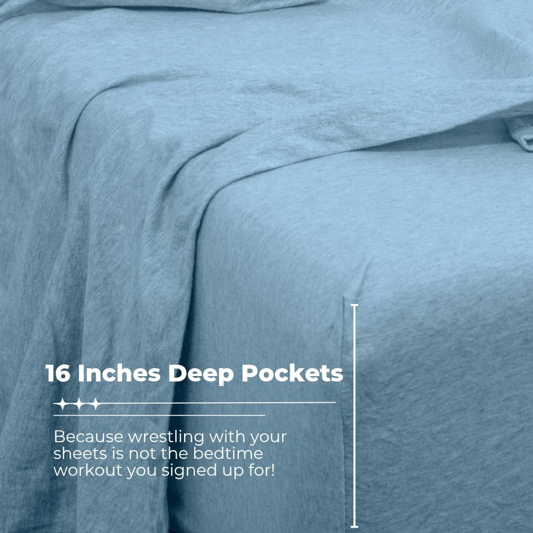 Queen Blue Cotton Jersey Sheet Set with Deep Pockets