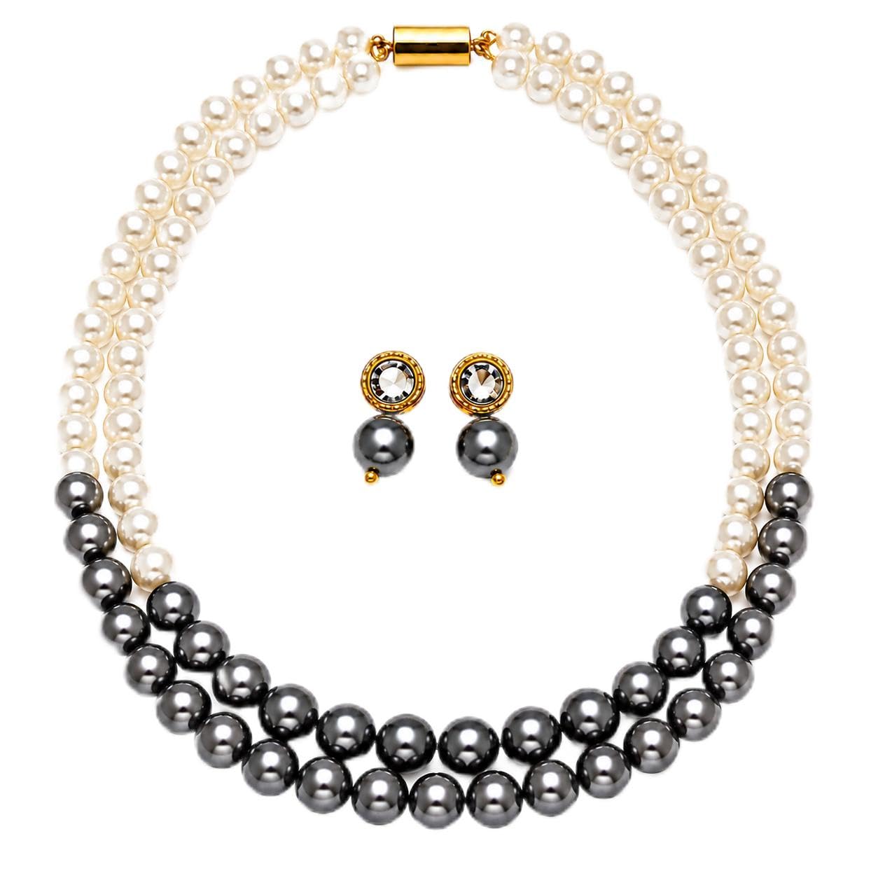 Pearl Grey & White Jewelry Set for Women, Double Strand Pearl Necklace with Matching Earrings, Elegant Beaded Fashion Jewelry Set for Parties, Weddings, Festive & Special Occasions (Grey-white)-image-31