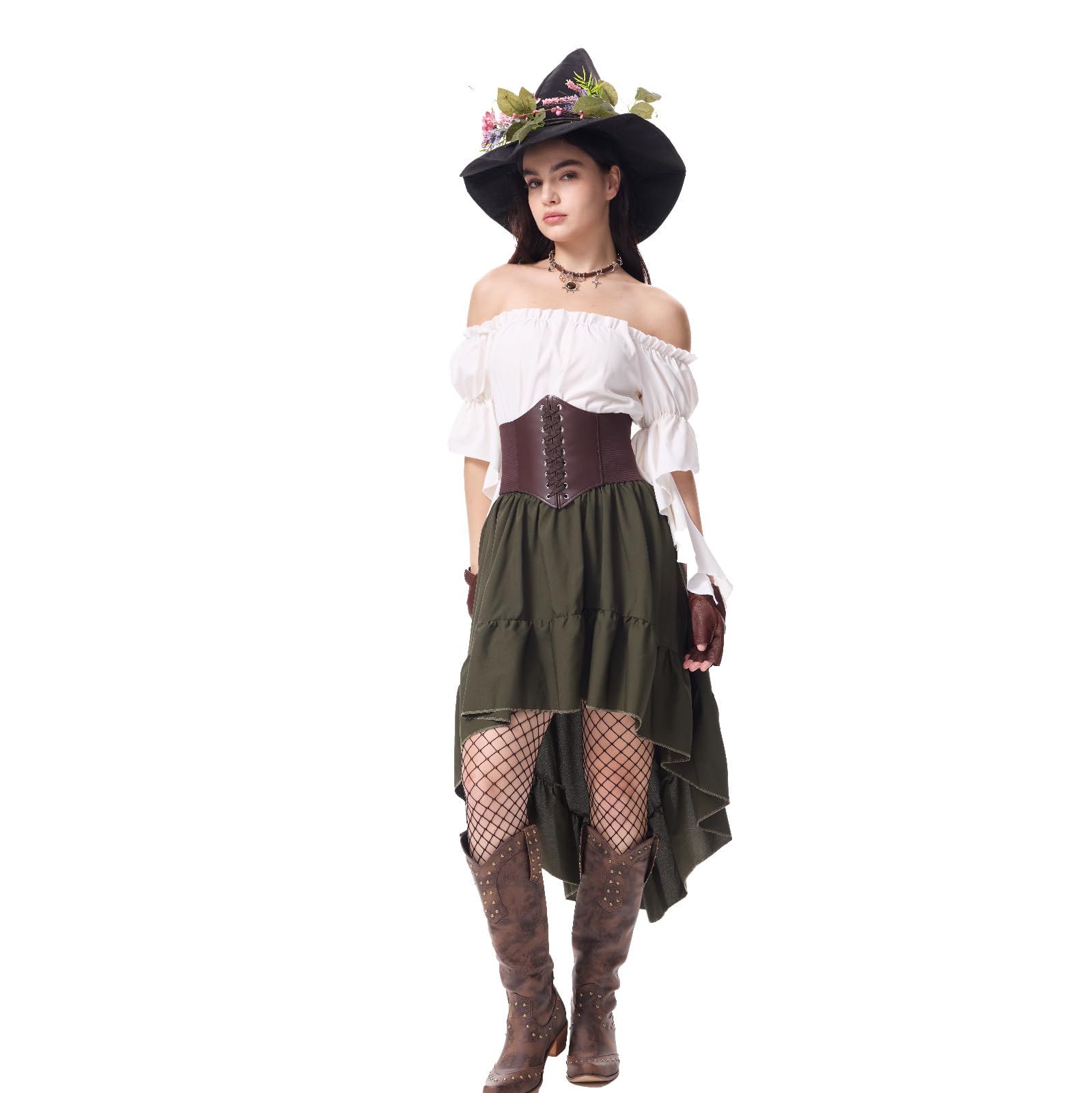 Ansenesna Halloween Kostüm Damen Set Piratenkostüm Damen Komplett Set | Hexenkostüm Mittelalter Kleidung Mieder Bluse Kurzarm Schulterfrei Rock Kurz Gothic Kleidung Vintage Elegant Faschingskostüme