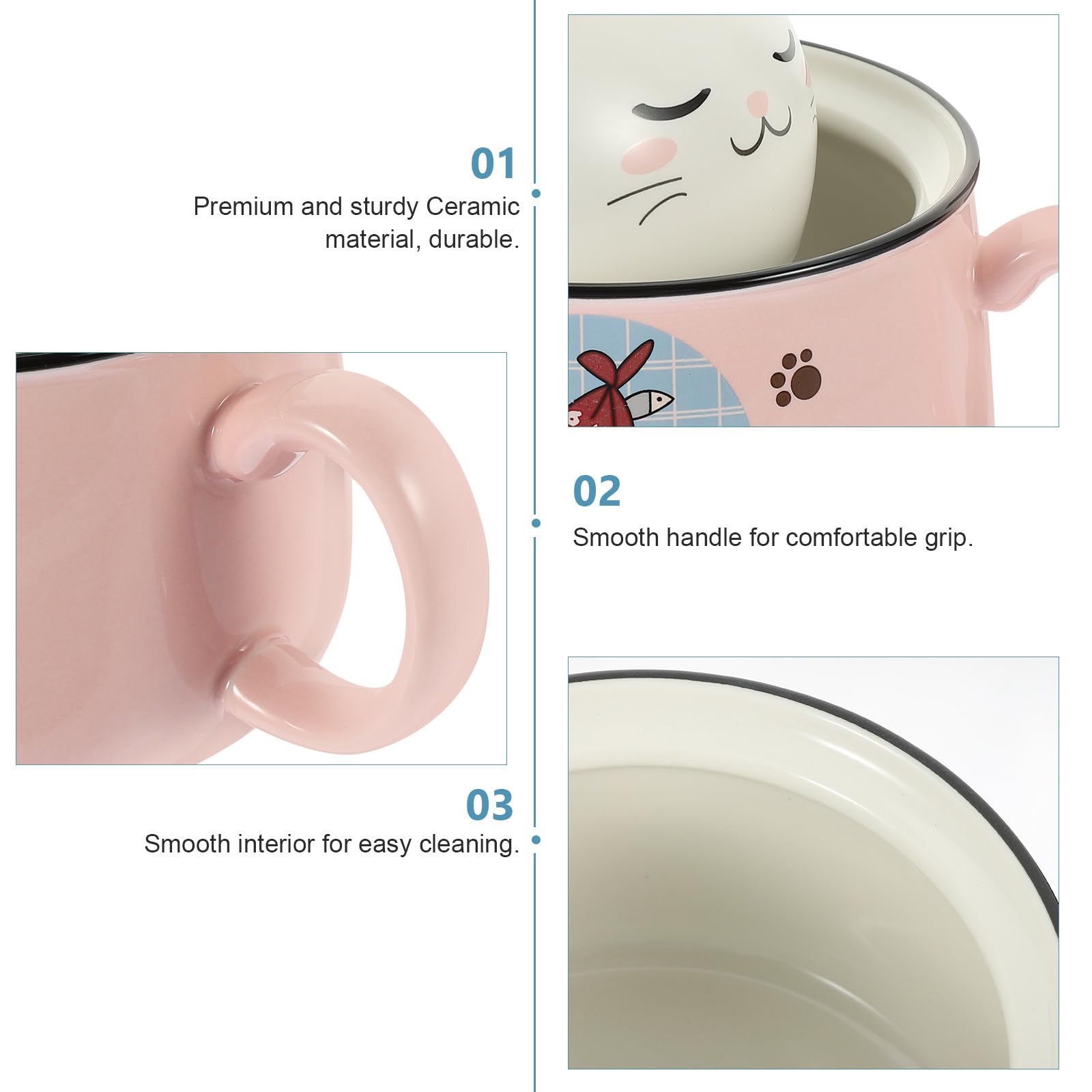 Katzenmotiv Ramen Schüssel mit Deckel, 1020ml, 1 Satz, Keramik | Edelstahl Element, Rosa Ausführung, Leicht zu Reinigen, Vielseitig Nutzbar, für Einzugsgeschenke