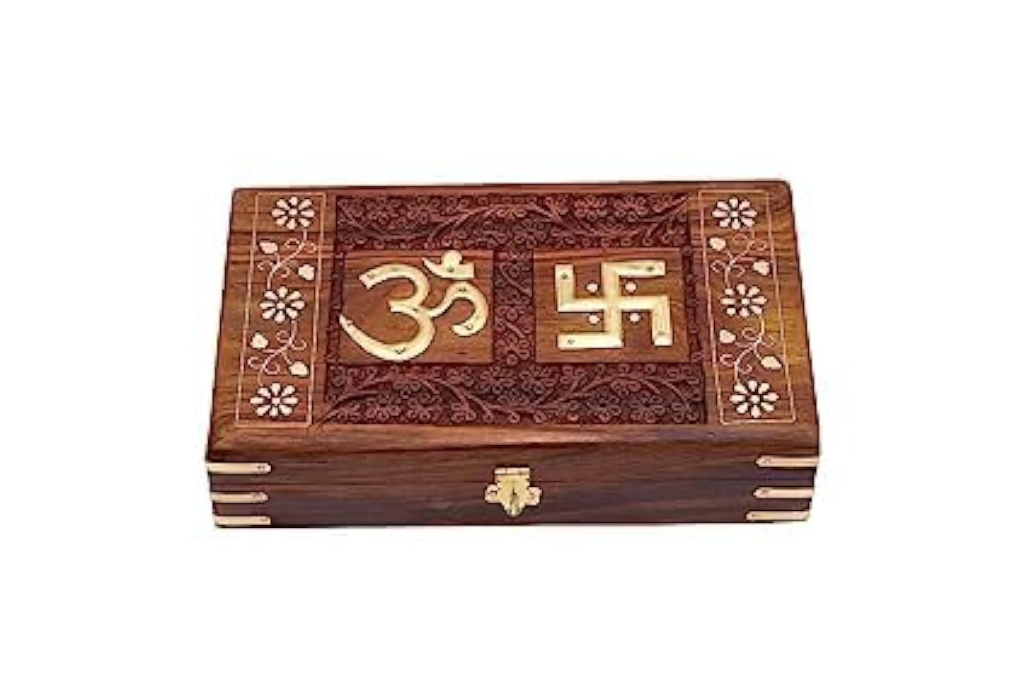 Beautiful Handmade Sheesham Wooden Storage Box - Hand Carved Jewelry Box & Decorative Gift OM Box (10X6X2.5Inches) (Om+Swastic)