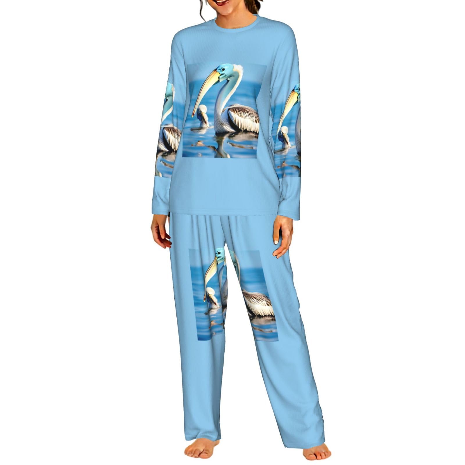 Pellicano uccello blu mare cielo stampa donna manica lunga pigiama abbinato morbido spiaggia vacanza biancheria da notte regalo casual