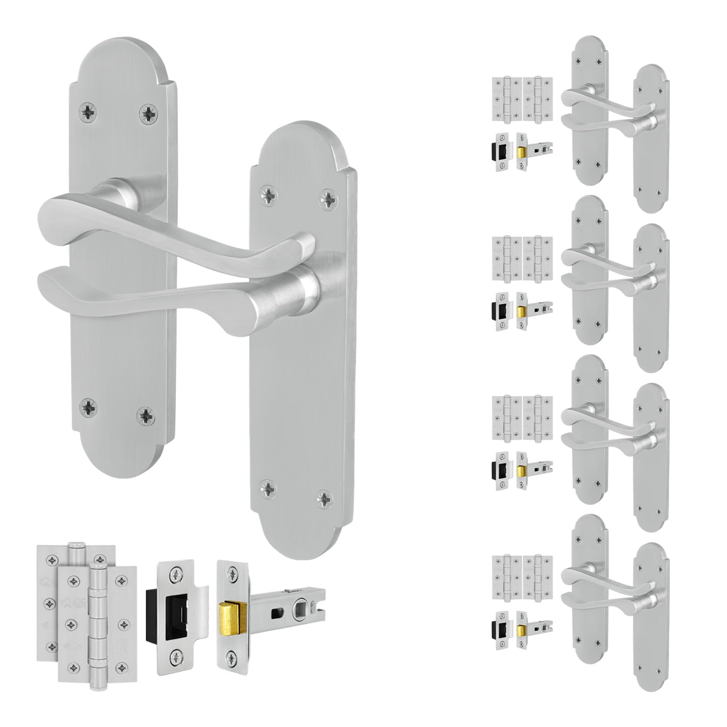 EAI Satin Door Handles Latch Set, 5 Pairs Internal Satin Chrome Victorian Scroll Backplate, Hinges, Latch 64mm