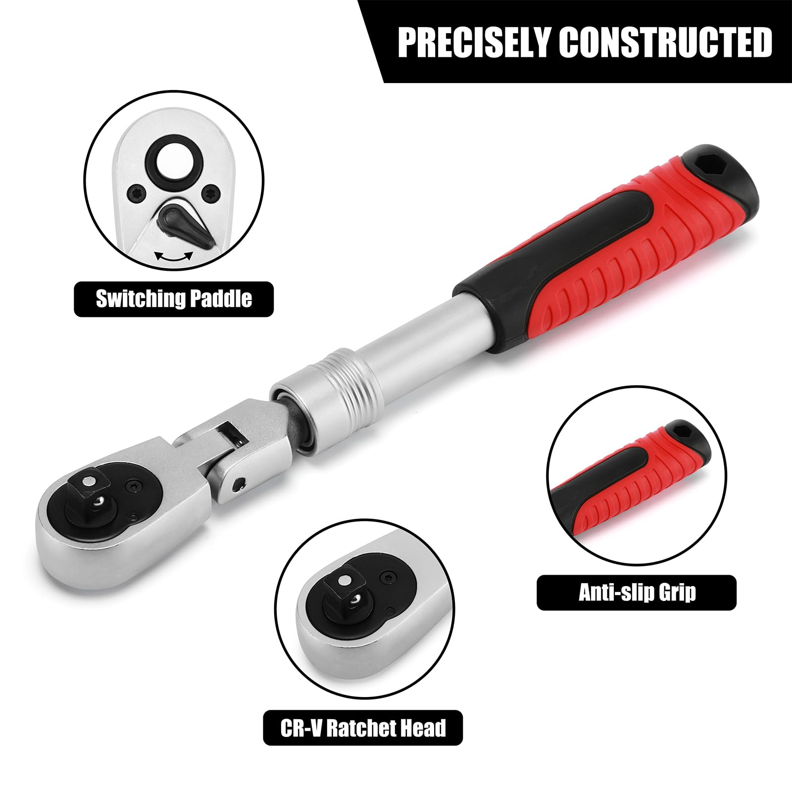 Mayouko Set di 3 chiavi a cricchetto con testa flessibile, attacco da 1/4" e 3/8" e 1/2", 72 denti, CR-V