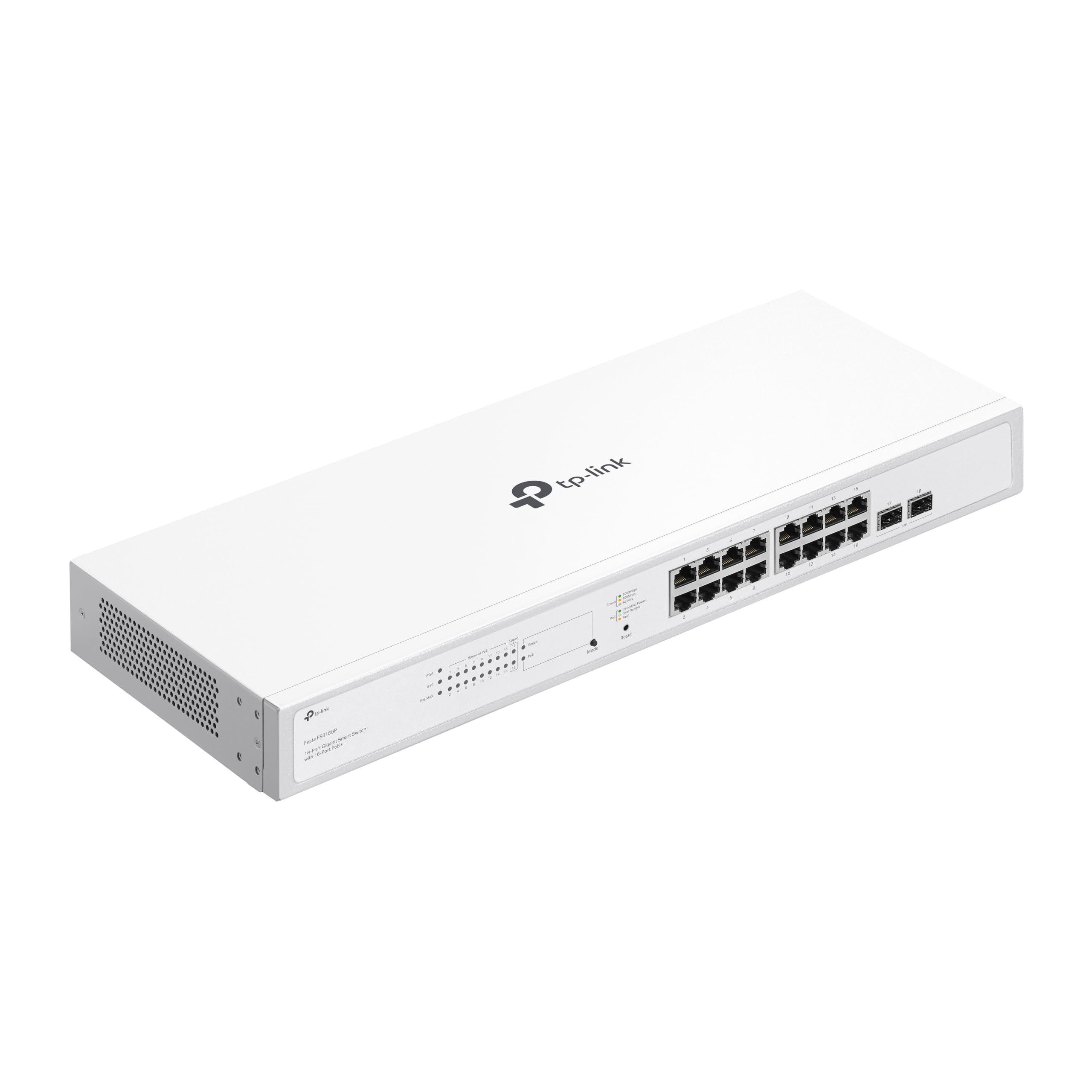 TP-Link Festa FS318GP 18-Port Gigabit Switch, 16× Gigabit 802.3af/at PoE+ Ports, 2× Gigabit-SFP-Steckplätze, 150W Gesamt-PoE-Budget, bis zu 30 W PoE-Leistung pro Port, Kostenlose Cloud-Verwaltung