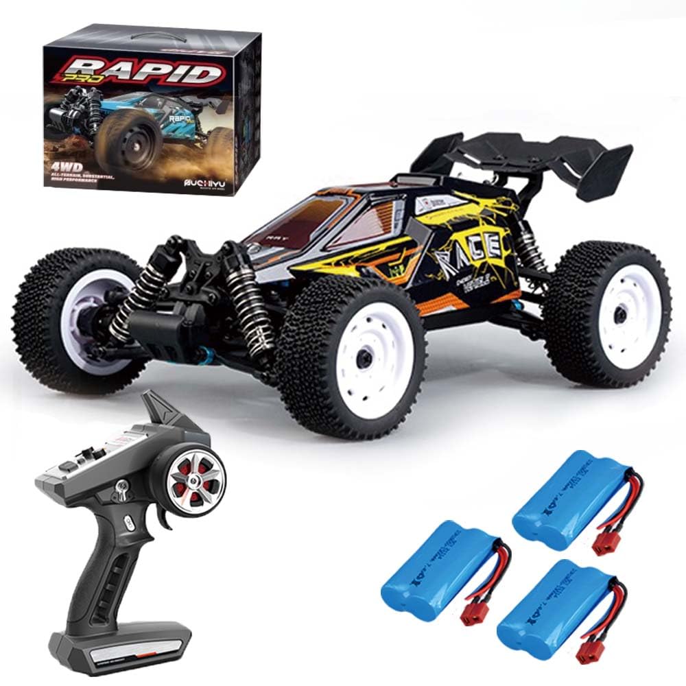 X-Verse 16201 Voiture télécommandée, 2,4 GHz, 1:16, 4 WD, étanche, moteur brosse de charbon, 50 km/h, tout terrain, tout-terrain, RC Truggy pour adultes, jaune