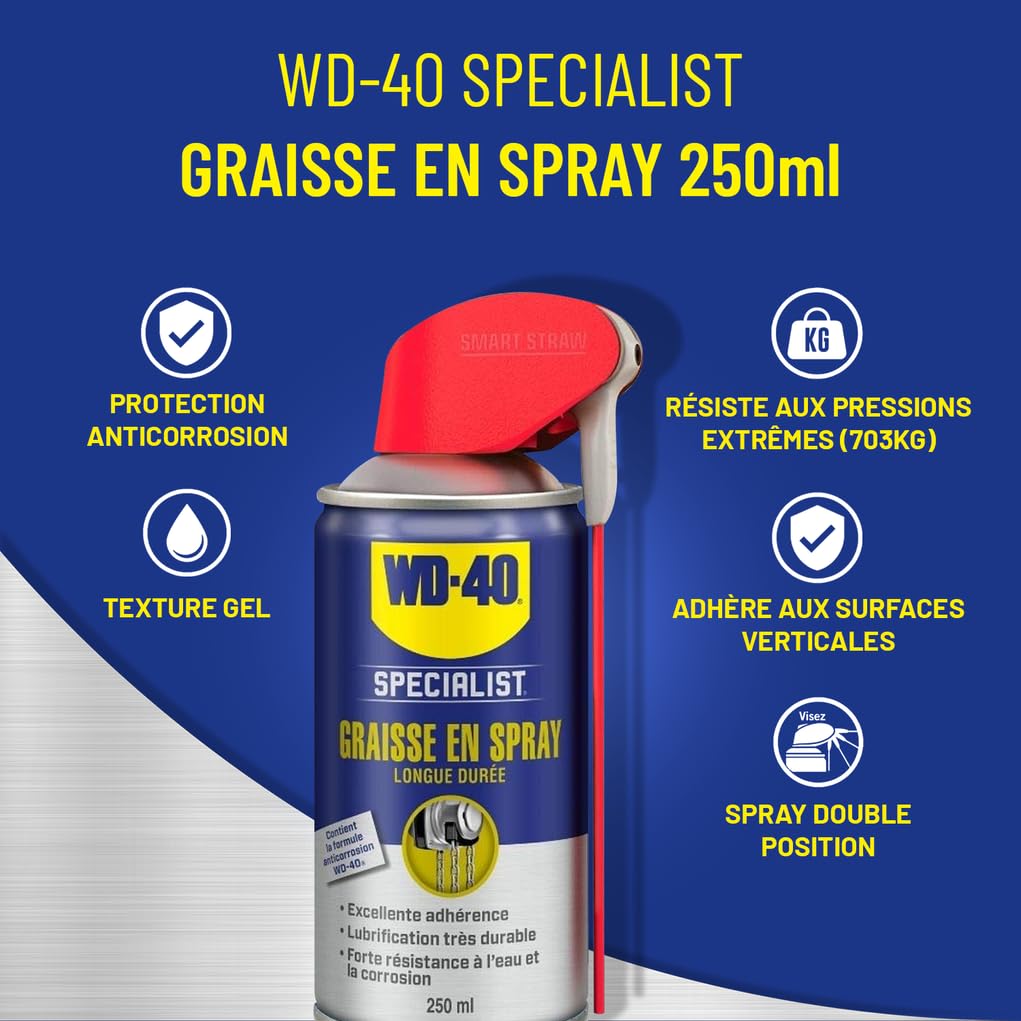 WD-40 Specialist • Graisse en Spray • Spray Double Position • Protection contre la corrosion • Extrêmement Durable • Adhère à toutes surfaces • Carton de 12 aérosols de 250 ML