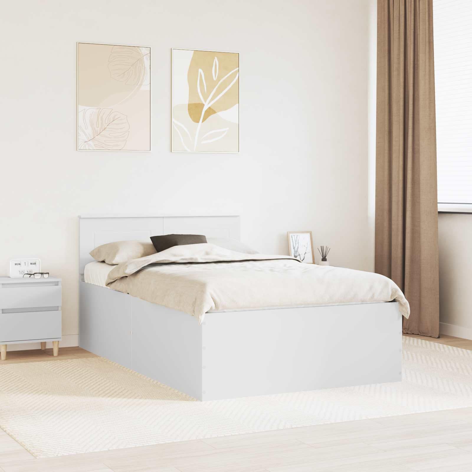 Estructura de Cama 135 x 190 cm de Madera de ingeniería con cabecero, somier de láminas Fijo, Base Resistente para colchón, Montaje en hogar y Dormitorio, y Descanso