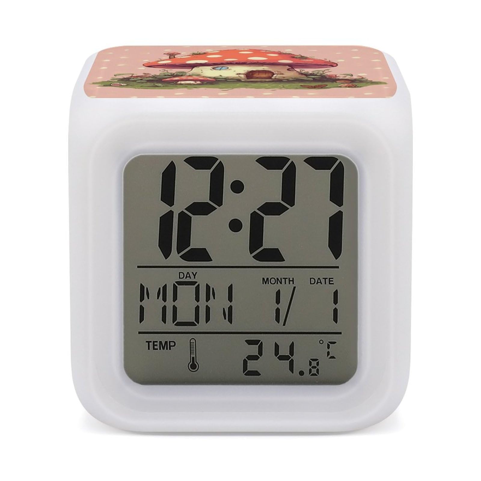 JTREHY Cute Mushroom House Alarm Clock Seven Color Night Light Digital Clock Precision Reliable Alarms Clocks for Bedroom Heavy Sleepers Adults Gift for Men and Women