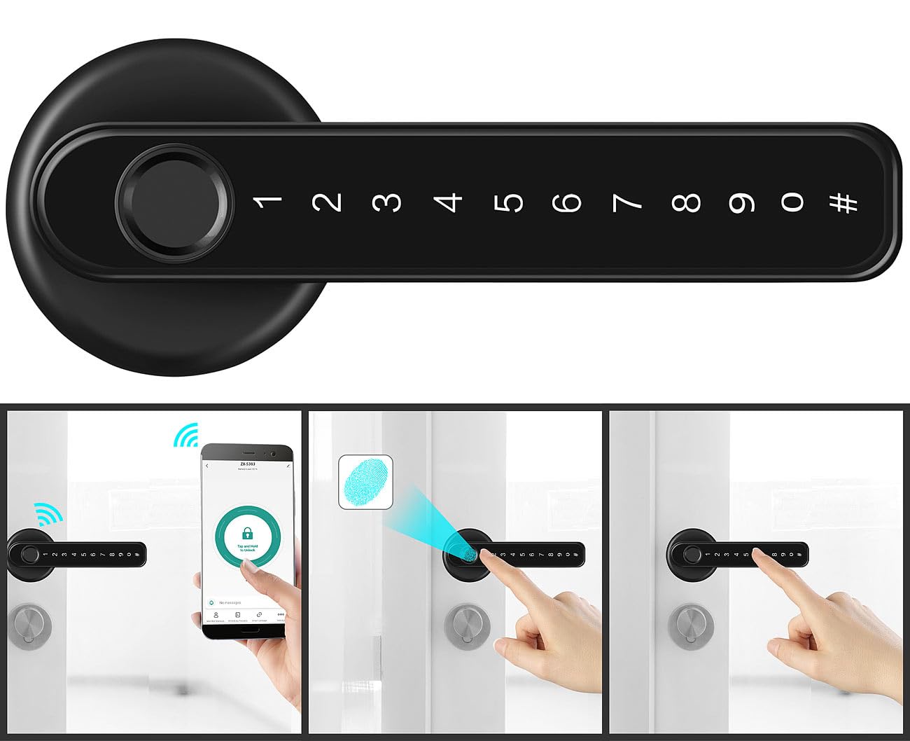 VisorTech Fingerabdruck Schloss: Smarter Sicherheits-Türbeschlag mit Finger-Scanner, PIN & App, schwarz (Smarter Türgriff, Fingerabdruck-Türbeschläge, WC)