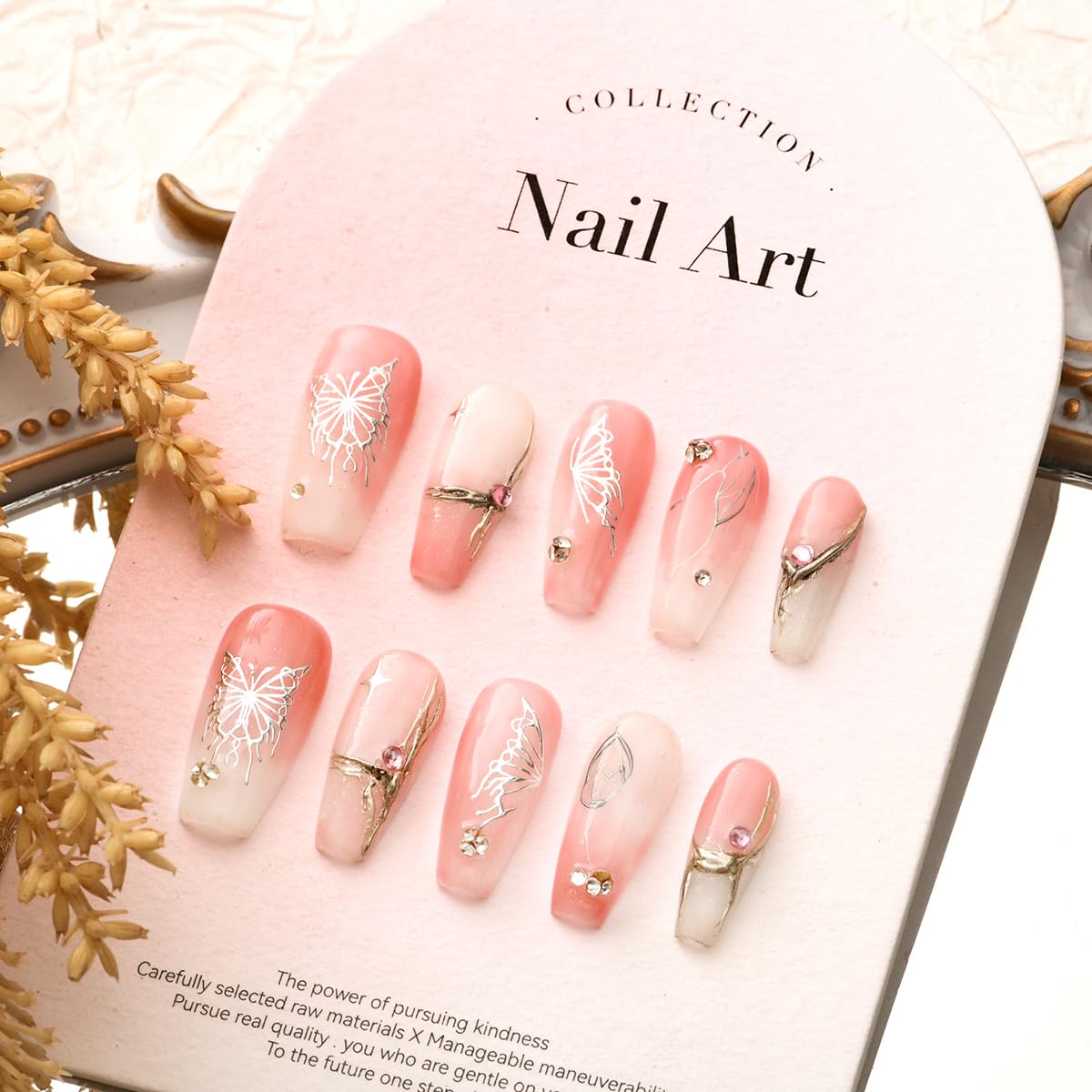 YasterdPress on Nails Long Coffin with Butterfly Design, 100% Hand-painted Reusable Gel UV Finished Pre-shaped False Nails for Women, 10pcs 3D Handmade False Nails-Small Size