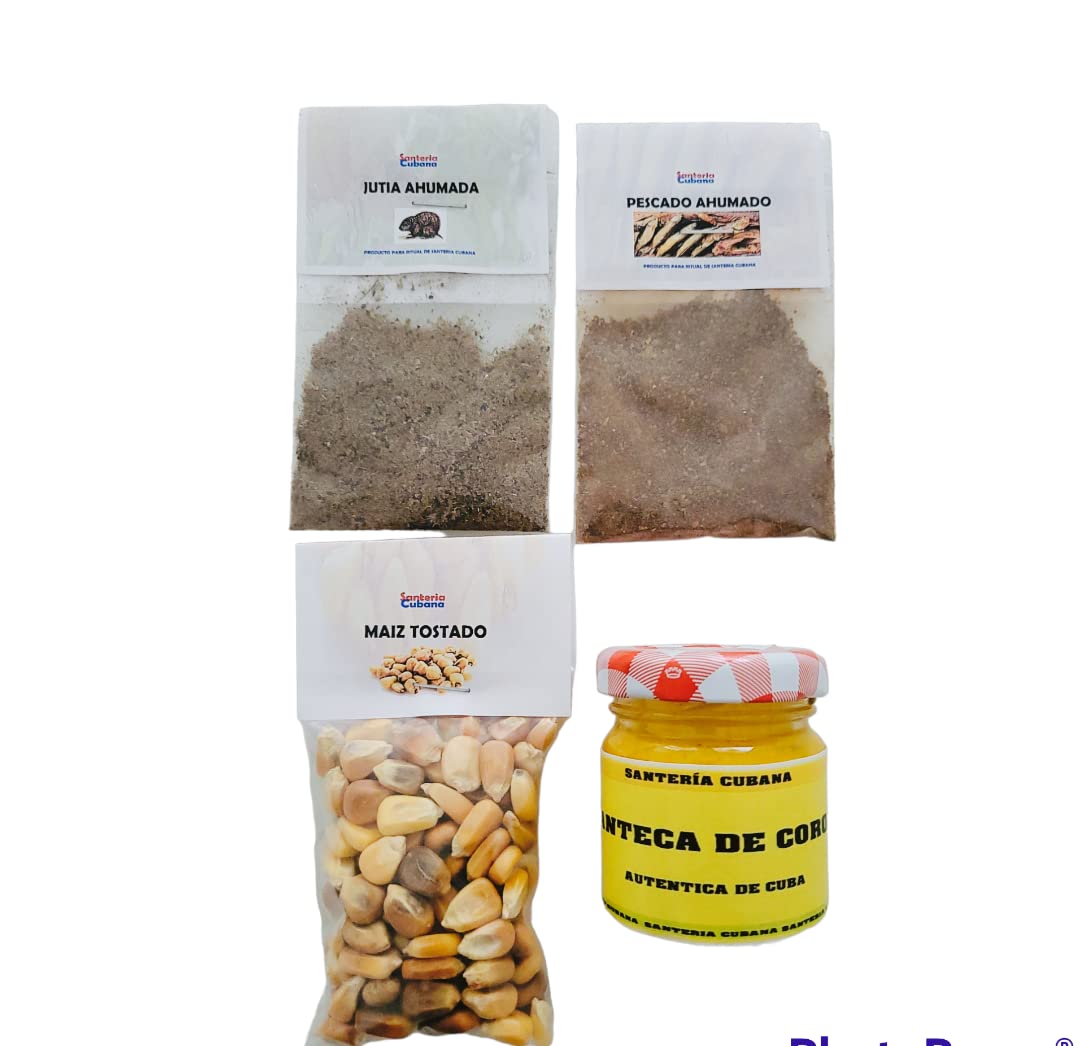 PACK Pesce affumicato, Jutia affumicata, Maiz Tostato, Burro di Corocchio 30 ml/Prodotti di Santeria Cubana/Prodotti esoterici/Burro di Corocchio cubano/Pesce Affunato/Jutia affumicata/Maiz Tostato