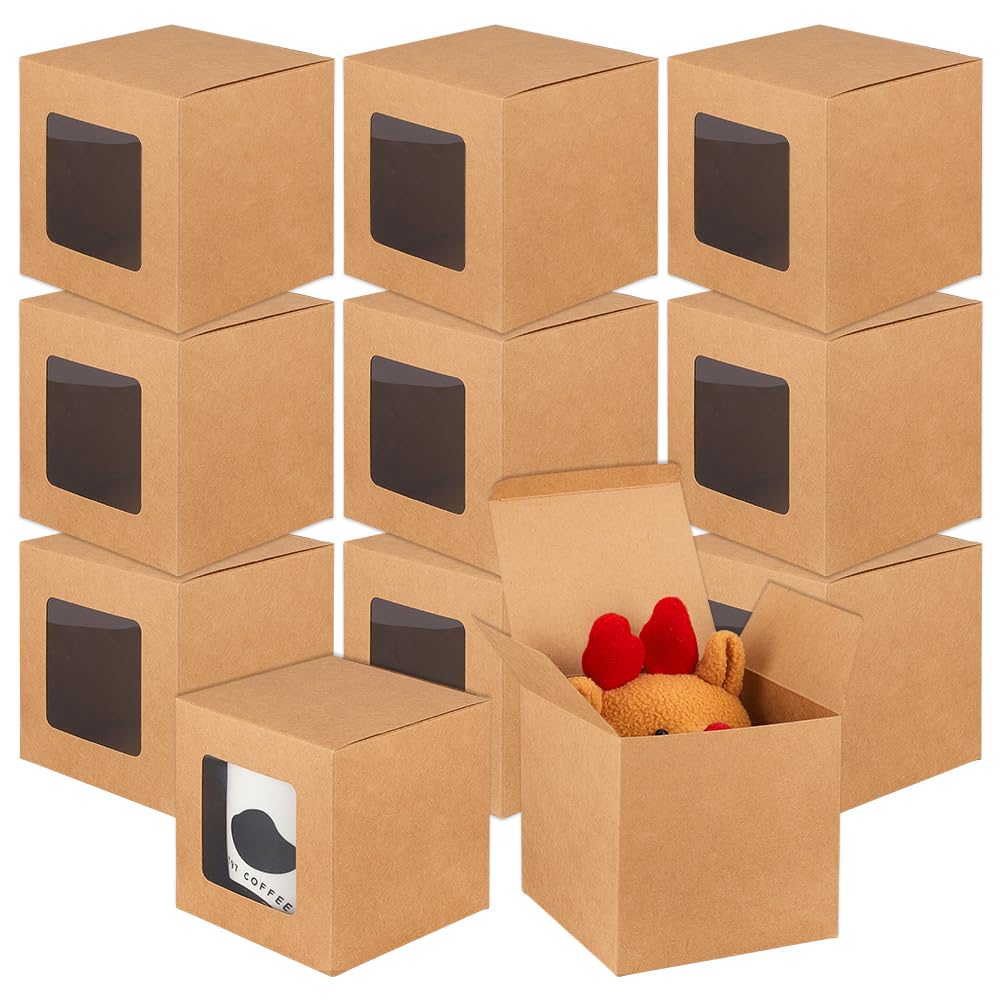 BENECREAT 15 Pcs Square Gift Boxes with Clear Window, 4.3x4.3x4.3 Inch/11x11x11cm BurlyWood Kraft Paper Gift Boxes Paper Packaging Boxes for Anniversaries, Birthday, Wedding, Graduation