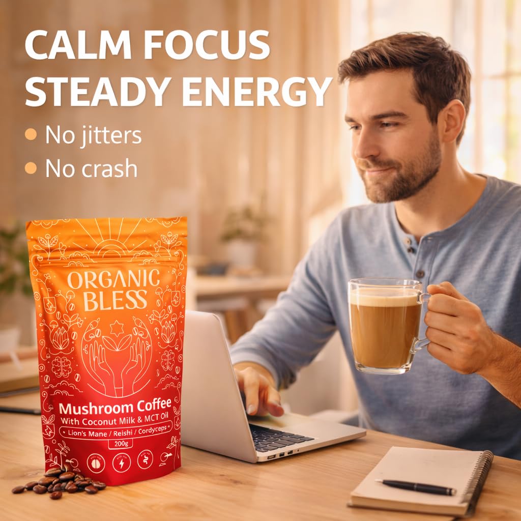 Organic Bless Instant Mushroom Coffee Powder – Organic Lion’s Mane, Reishi & Cordyceps Blend for Energy, Focus & Clarity – Adaptogenic Coffee with Coconut Milk & MCT Oil – 30 Servings
