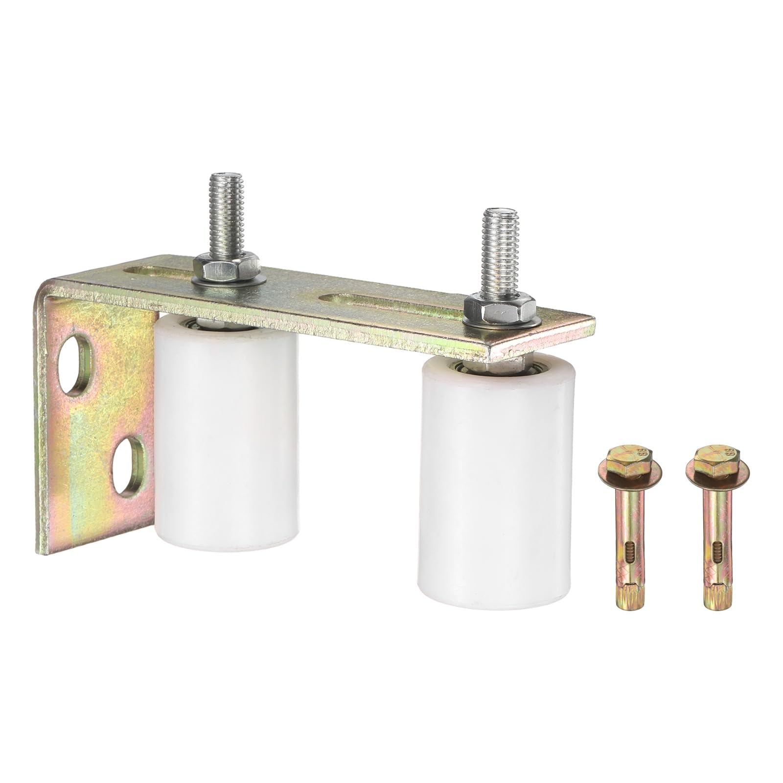 sourcing map 1 Set Slide Gate Guide Roller, 60mm L-Rear Post Bracket Nylon Rollers Gate, Adjustable Sliding Hardware Roller Kit for Sliding Grates Barn Rolling Door 40mm Dia, White