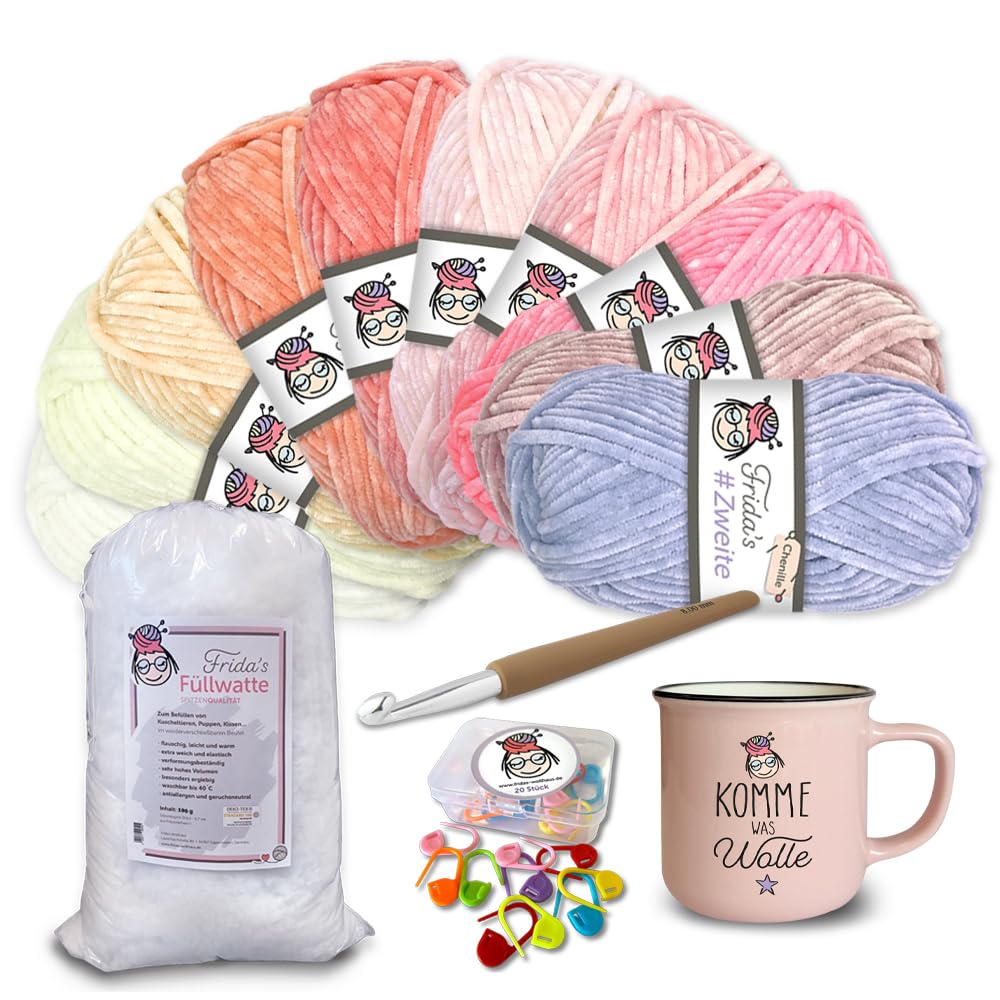 Frida's Wollhaus Frida's Garn-Set Frühling 34-teilig #Zweite Chenillegarn Wolle Tasse Häkelnadel Maschenmarkierer Füllwatte