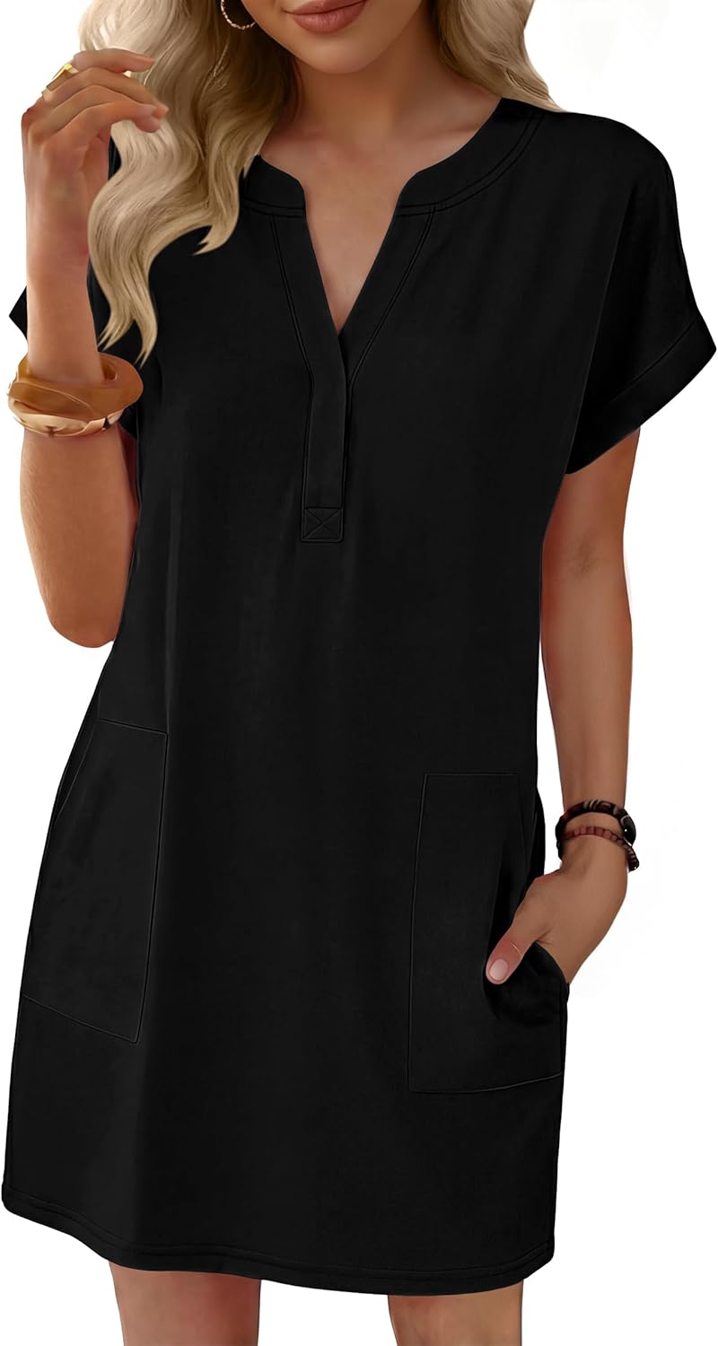 ANRABESS Summer Dresses for Women Casual V Neck Short Sleeve Mini Tshirt Dress 2026 Loose Fit Beach Vacation Shift Sundress