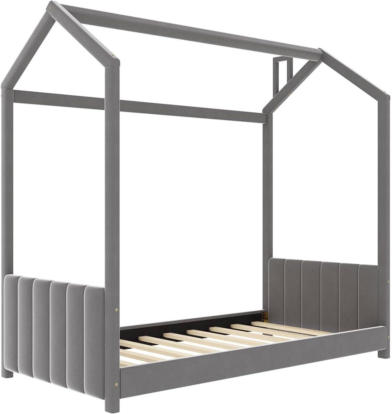 Danxee Velvet House Beds with Strips on Headboard for Kids Wood Playhouse Bed Frame with Roof for Girls Boys, No Spring Needed (Gray, Twin)