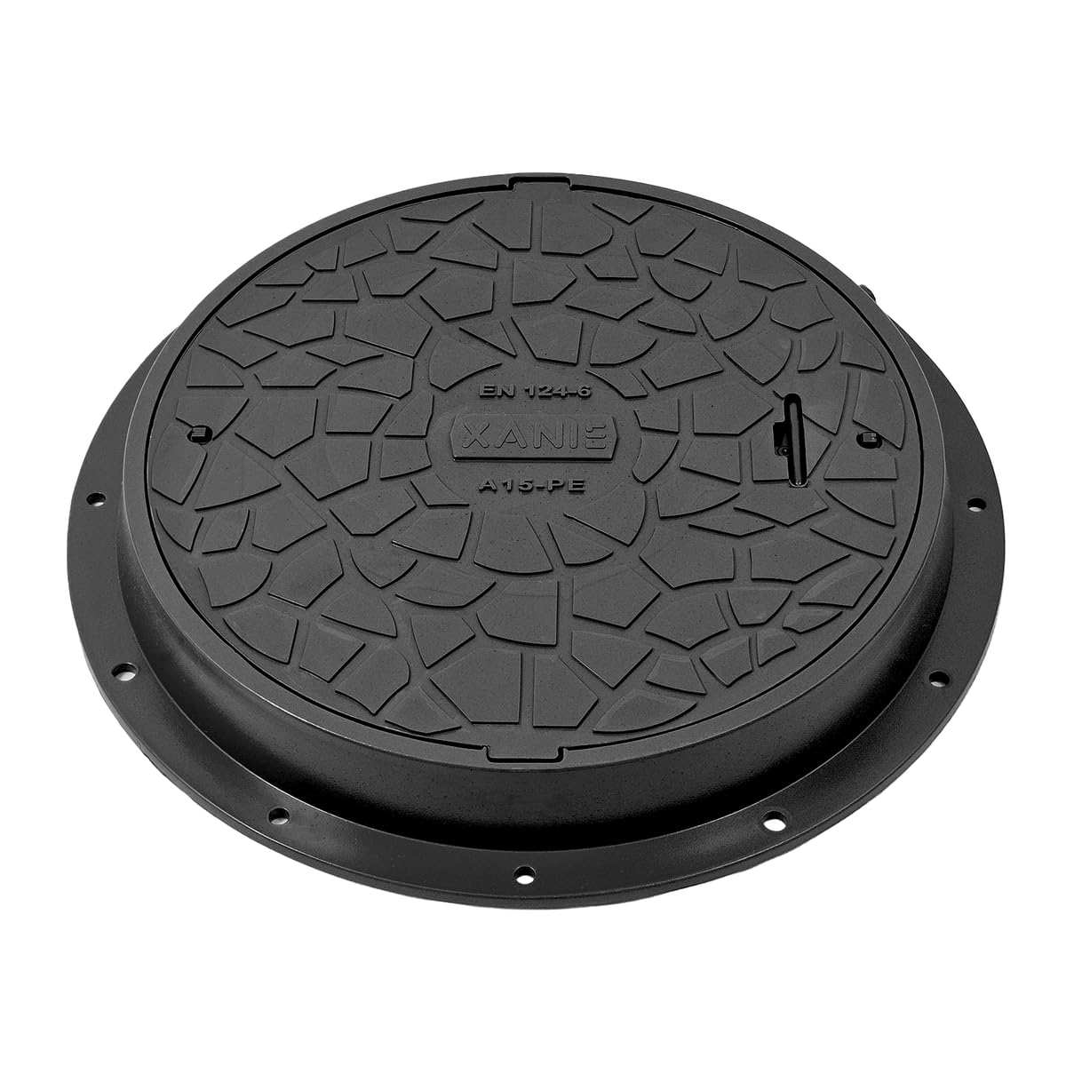 Leichter Schachtdeckel aus Kunststoff DN600 mit Rahmen Ø 800 mm + Verriegelung - Klasse A15, belastbar bis 1,5 T, Farbe:schwarz