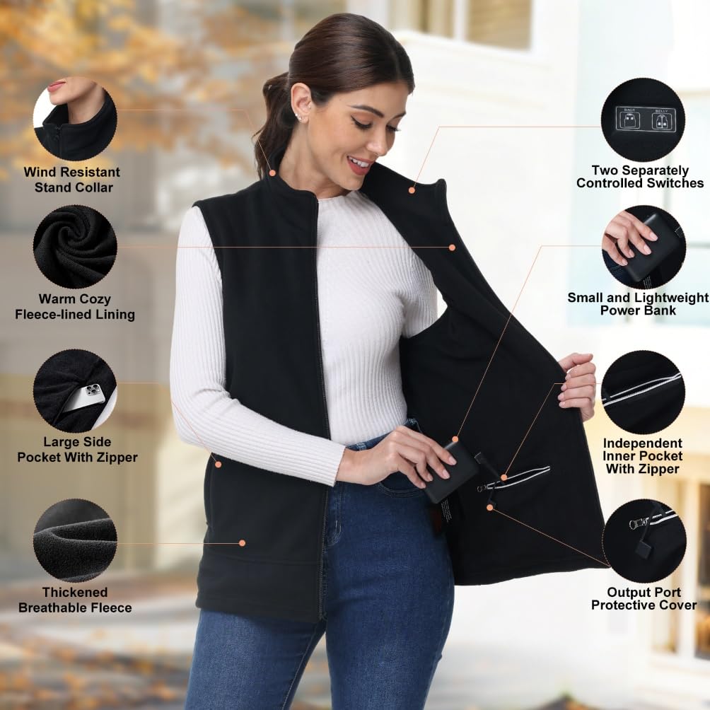 Gilet chauffant pour femmes avec batterie externe, veste chauffante pour femmes, jusqu'à 10 heures de chaleur