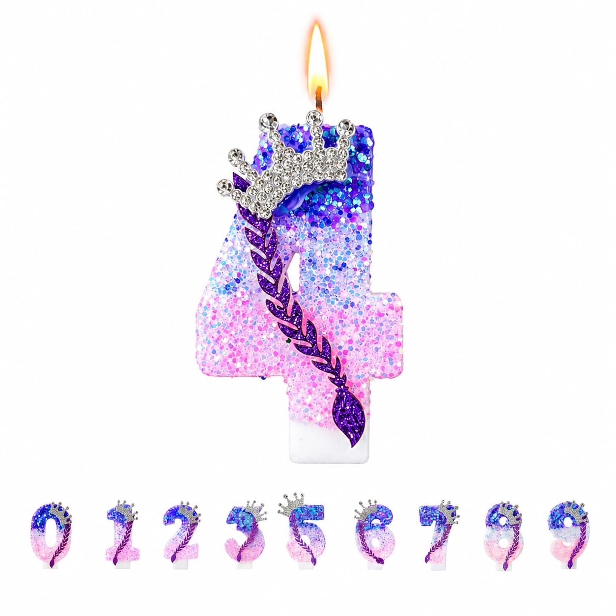 Floruvia 1 Number Candle Birthday, Glitter Cake Candle Number 0 with Crown Braid Design in Purple Pink, For Birthday Anniversary Cake Decoration