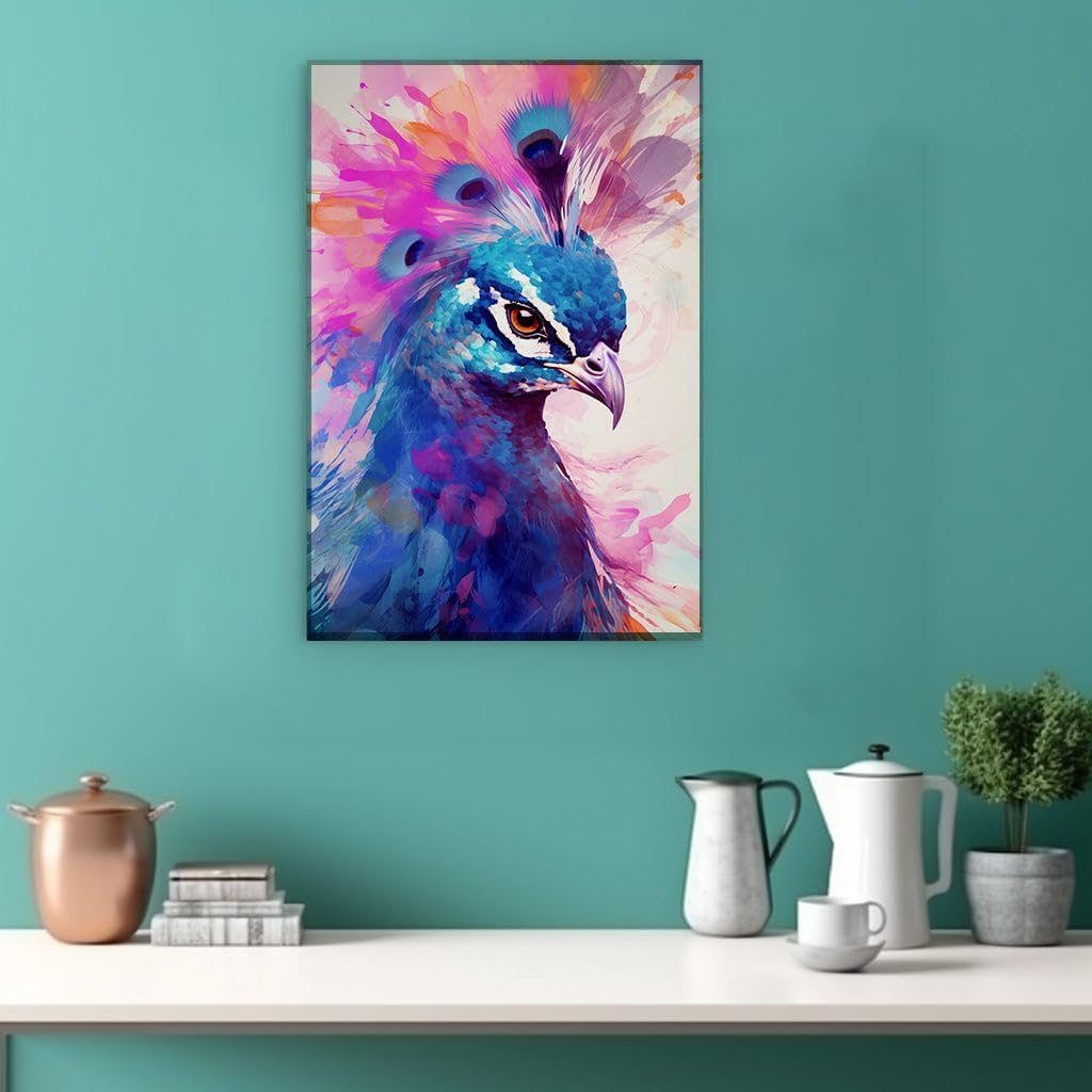Canvas for Living room. Plumage Perfection: A Vivid Blue Peacock Shines Against White Splendor, 27 x 18 inch Canvas Wall Art - Modern Home Decor - 69x46 cm (27x18 inch)