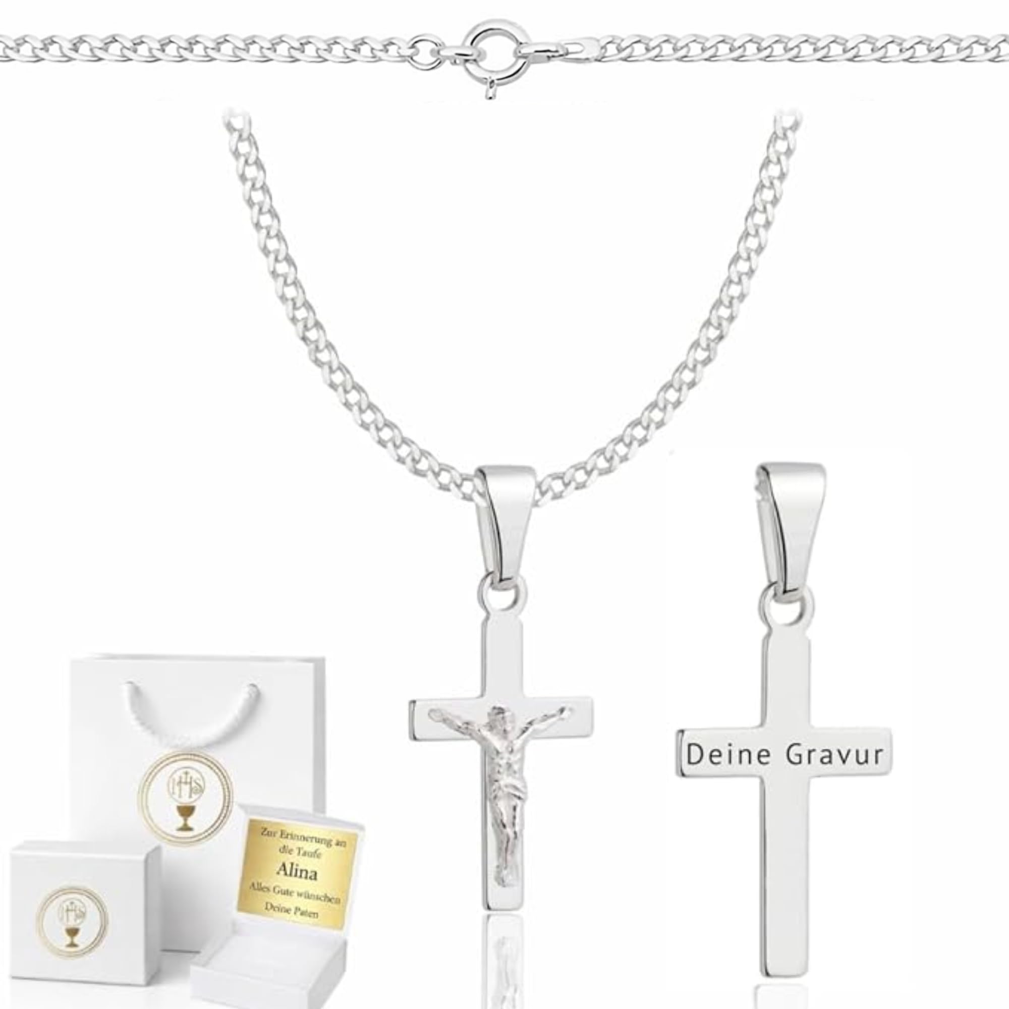 ZELYA Silber kette mit kreuz 925 Silber Panzerkette für Mädchen & Jungen – 45-60 cm Kommunionkette mit Kreuz, Kinderkette zur Kommunion & Taufe, Geschenkbox mit Gravur