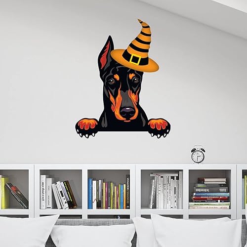 Miniatura 4 de Calcomanías de Halloween con diseño de bruja Doberman, bienvenida, Halloween, decoración de pared de perro Doberman, póster extraíble de vinilo para