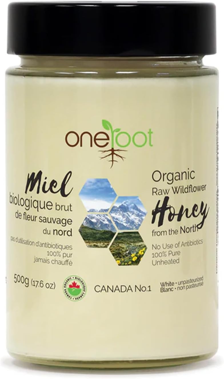 Oneroot 100% Organic Canadian Wildflower Honey - 17.6 Oz/1.1 Lbs, Unheated & Creamed - Nutrient-Rich, Natural Sweetener with Enzymes - Thick & Pure Raw Unfiltered Honey