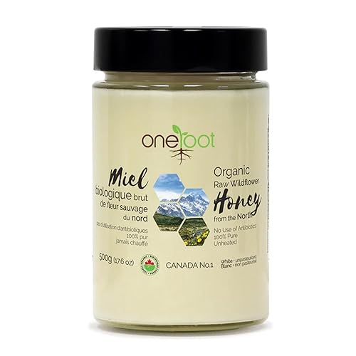 Oneroot Miel de flores canadienses 100% orgánica, 17.6 onzas, 1.1 libras, miel silvestre sin filtrar, sin calentar y crema, miel de flores