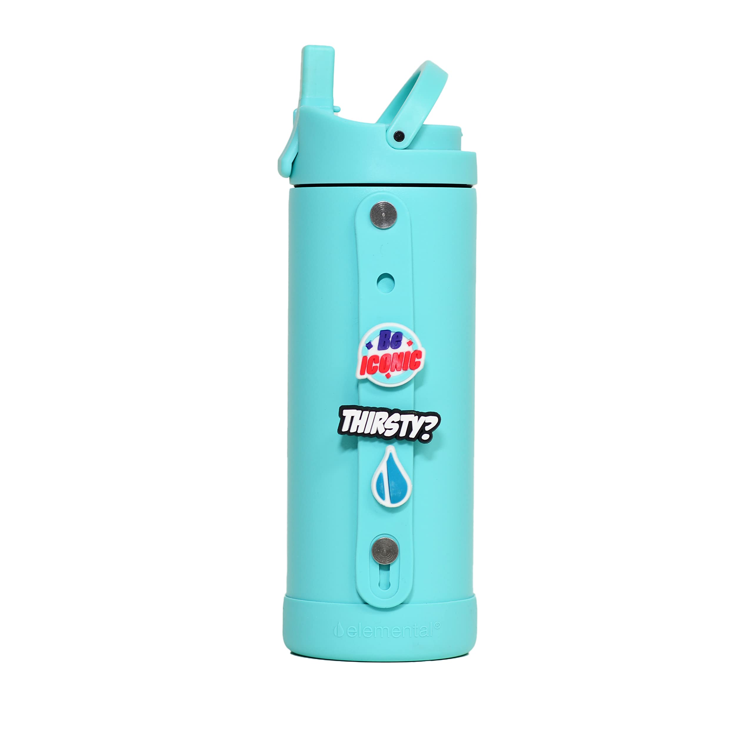Elemental Iconic Kids Water Bottle with Straw Lid & Charms Strap, Leak-Proof When Closed, Triple Insulated Stainless Steel Reusable Water Bottle - 14oz, Robin's Egg
