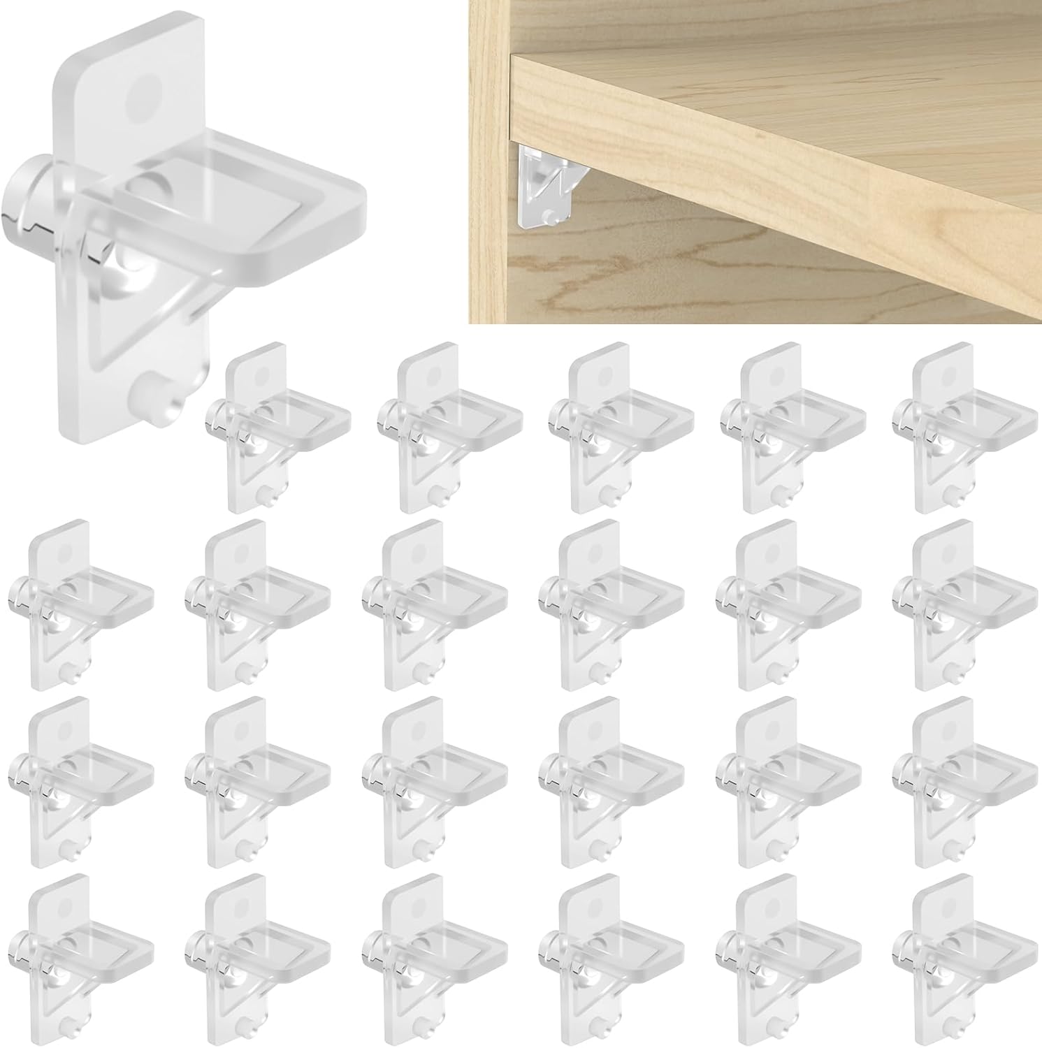 24Pcs 1/4 Inch Clear Plastic Shelf Support Pegs, Furniture Support Pin Fits for Kitchen, Bookcase, Wood Shelving, Partition Pins Replacement Clips