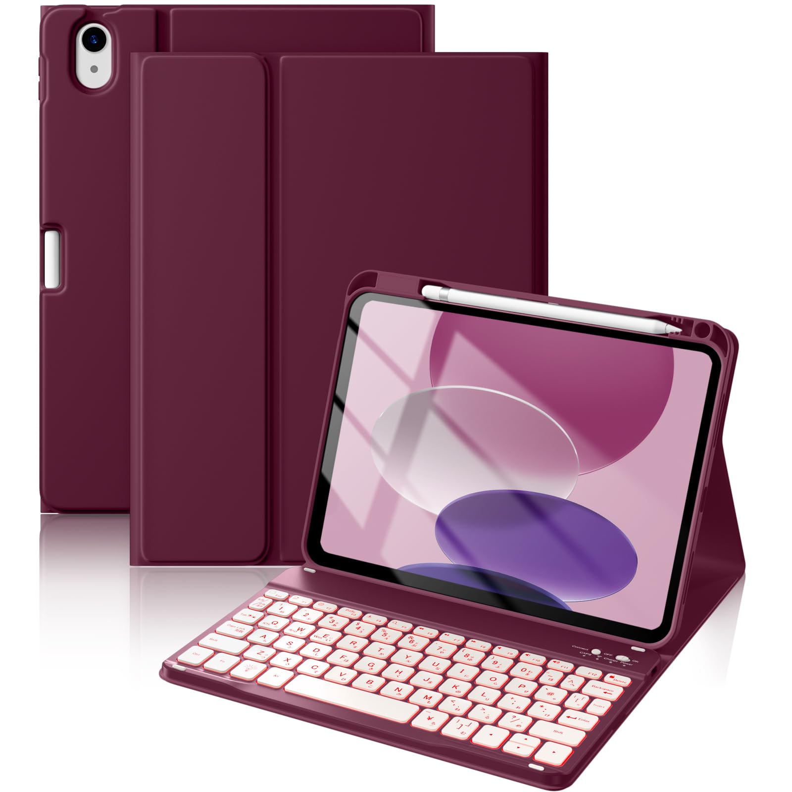 HETHOT iPad用 キーボード付きケース A16 第11世代/第10世代 JIS日本語配列 7色バックライト 超軽量 着脱式 耐汚れ性素材カバー ペンシルホルダー付き Bluetoothキーボード 多角度調整【日本語取扱説明書付き】