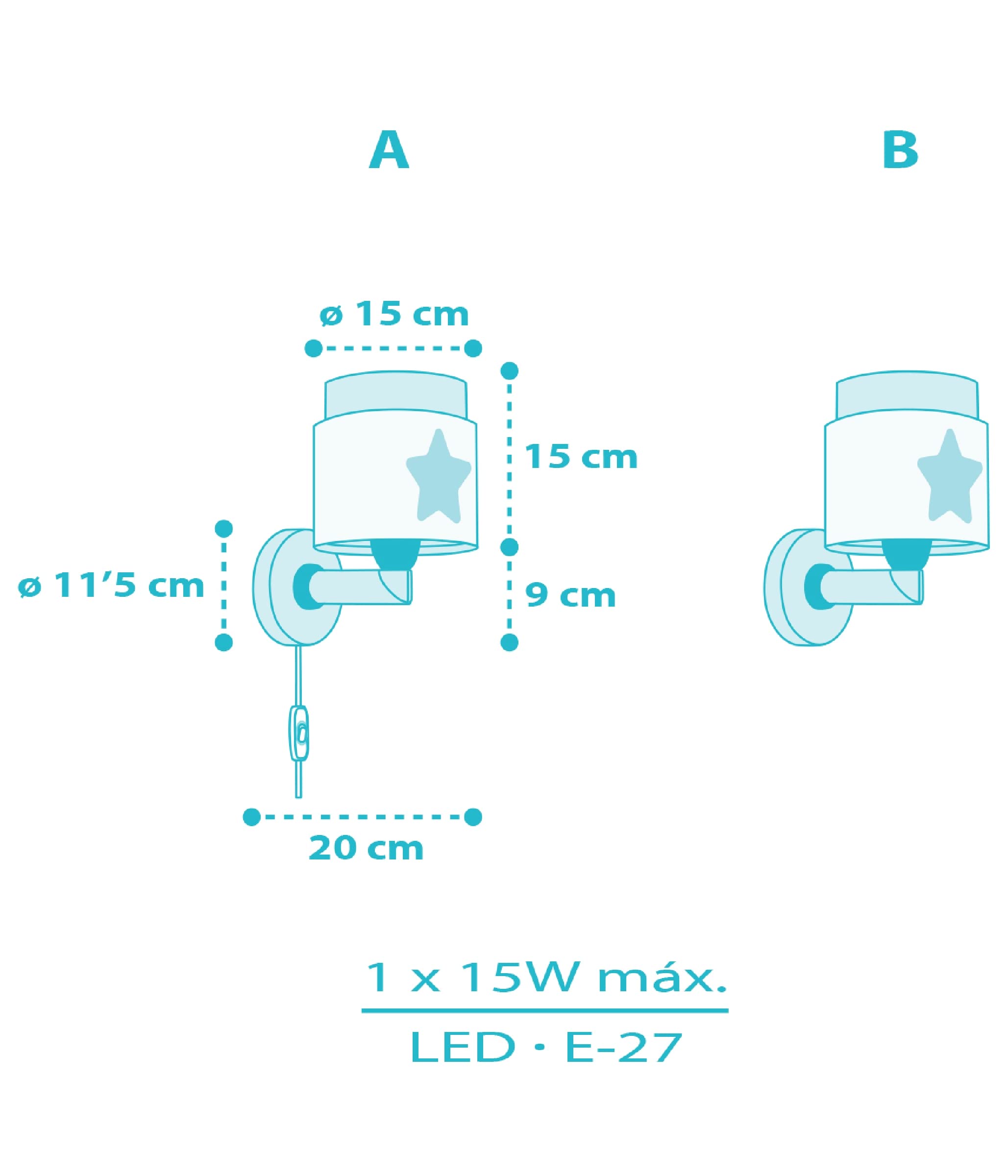 Dalber Lámpara Aplique Pared Infantil Baby Dreams Estrella Azul 76019T E27 | Lámpara aplique de pared con instalación directa a la corriente o mediante cable con interruptor incluido.