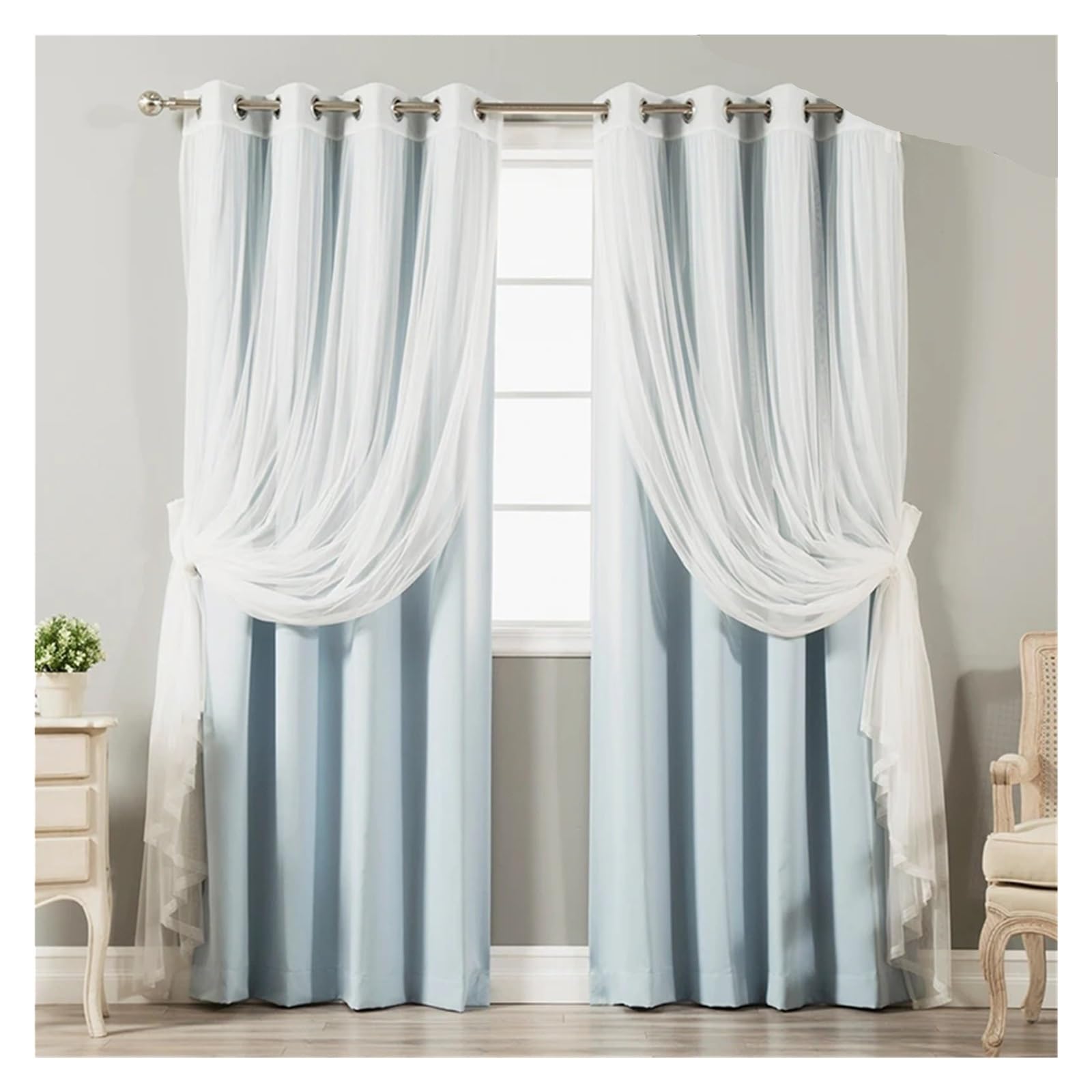 DHYUACN Living Room Curtains Double Layered Solid Blackout and Sheer Window Curtain for Living Room Bedroom(Color 3,Rod,W250cmxL250cm)